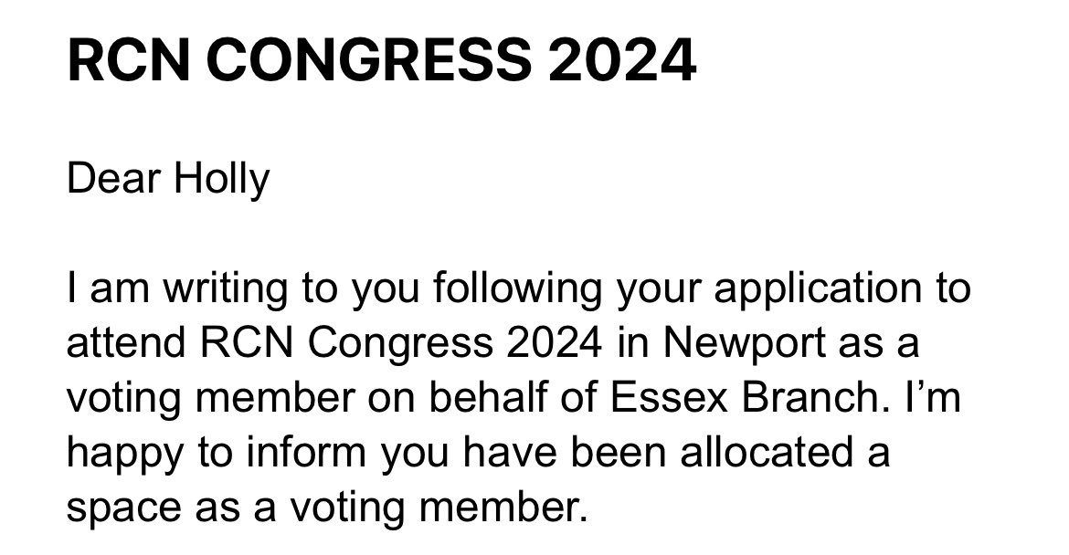 Pleased to have secured a voting place representing my @theRCN branch at #RCN24

We urgently need investment in nursing (and the entire NHS) and need a fighting union and organised branches to achieve that 👊
