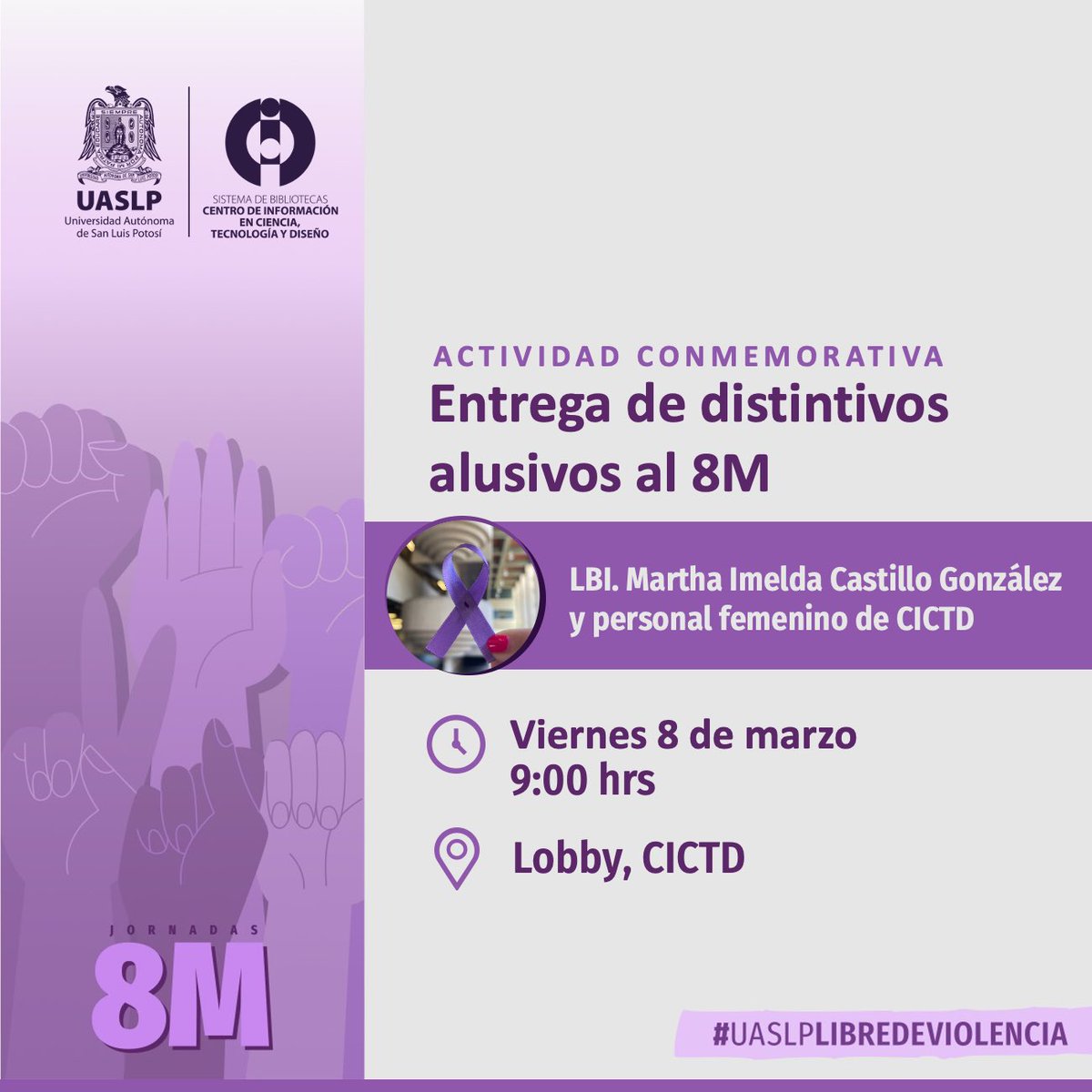 CICTD's tweet photo. ¡Conmemoremos juntos el 8M en Biblioteca CICTD! 🌟 Participa en la enriquecedora plática, explora la exposición documental sobre equidad de género y únete a la entrega de listones conmemorativos.
¡Juntos por la igualdad y el empoderamiento femenino! 💪📚🎉 #8M #CICTD #UASLP https://t.co/QtyRmB0MTy