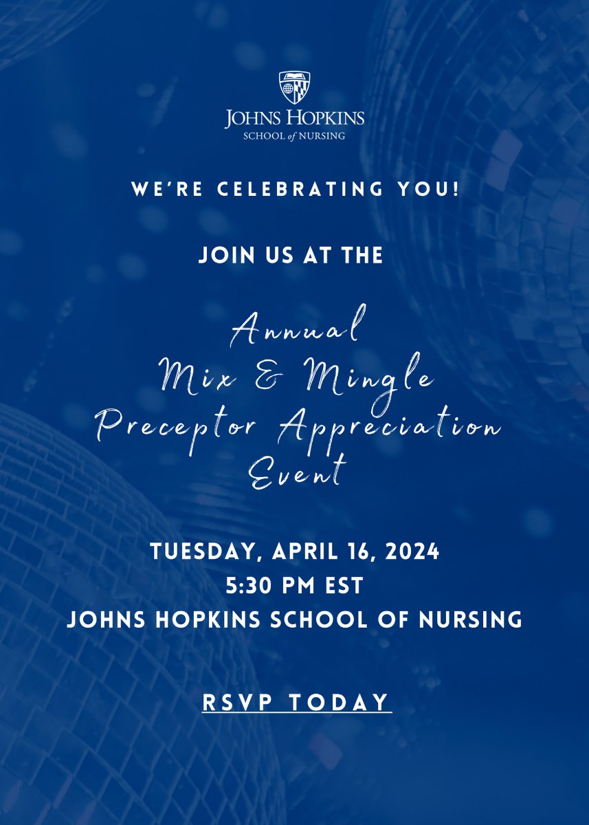 Calling all @JHUNursing  #HopkinsPreceptors it's that time again!! We want to celebrate you. Please join us April 16th for our annual appreciation mix and mingle. Register here: nursingjhu.qualtrics.com/jfe/form/SV_3J…