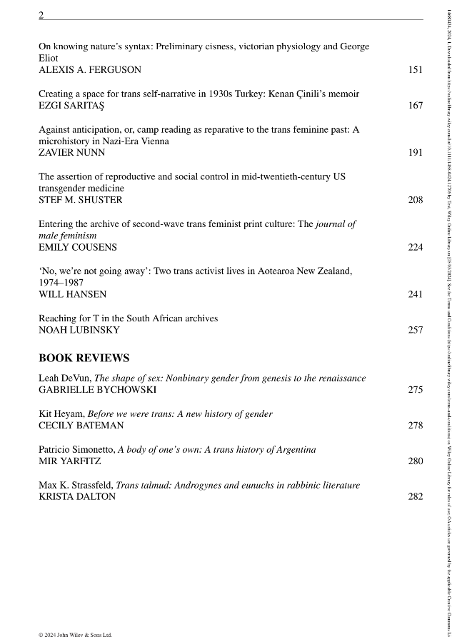 Chris Mowat (@chrismologos) on Twitter photo It's finally here! I'm so excited to finally see in print this special issue of <a href="/GenderHistory/">Gender & History</a> on 'Historicising Trans Pasts', co-edited by myself, @maroulix and Joanna de Groot.
Thanks so much to all our contributors! Articles highlighted below 🧵
onlinelibrary.wiley.com/toc/14680424/2… It's finally here! I'm so excited to finally see in print this special issue of <a href="/GenderHistory/">Gender & History</a> on 'Historicising Trans Pasts', co-edited by myself, @maroulix and Joanna de Groot.
Thanks so much to all our contributors! Articles highlighted below 🧵
onlinelibrary.wiley.com/toc/14680424/2…