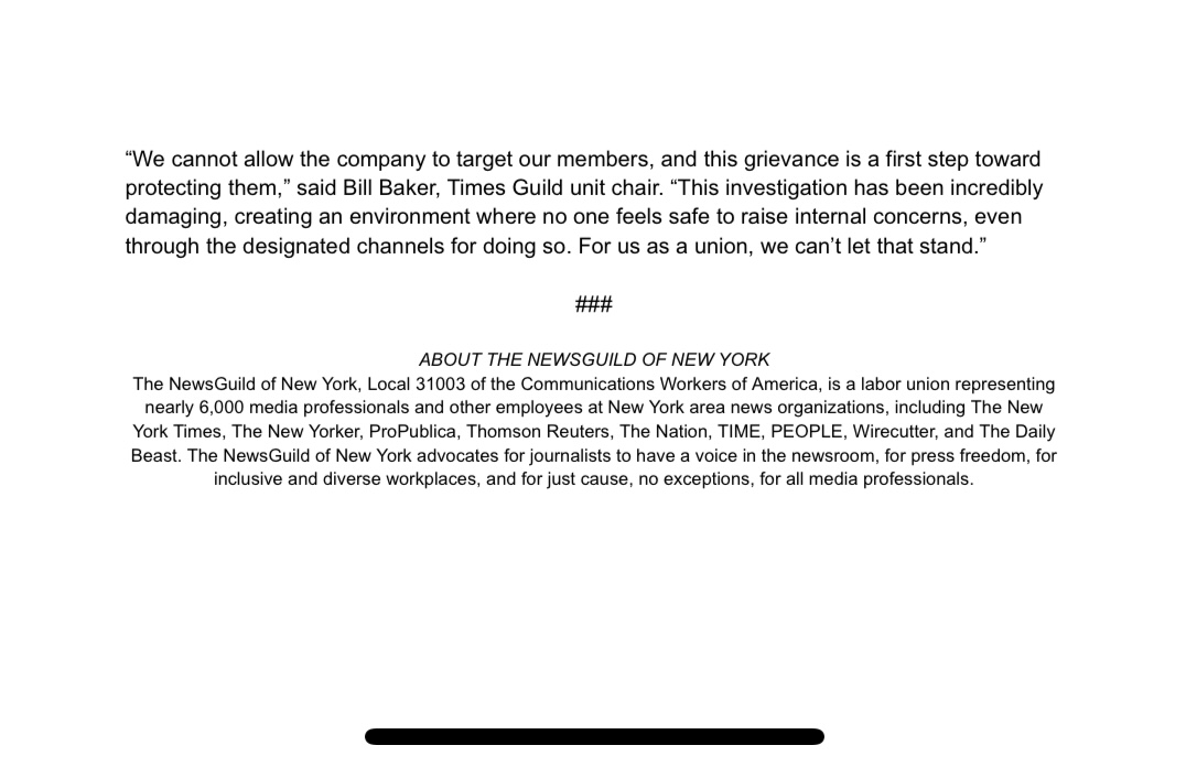 TAKING ACTION: The @NYTimesGuild has filed a grievance over the harassment and discrimination of members during the Times' investigation into an alleged leak of newsroom information about “The Daily” to the Intercept. Read more here nyguild.org/post/Grievance