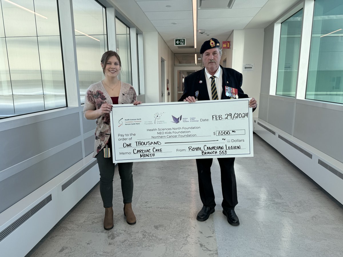 Last week, Wayne stopped by Health Sciences North (HSN) to deliver a $1000 donation from the Royal Canadian Legion Branch 553 in support of Cardiac Care Month - thank you!