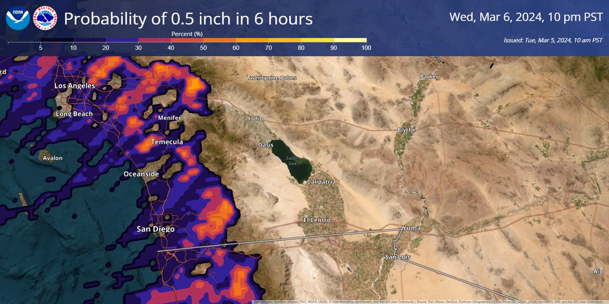NWSSanDiego's tweet photo. What is the probability of heavy rainfall, or 0.5 inches of rain within a 6 hour period during Wednesday evening?  - here is a map depicting this threat for #socal #cawx https://t.co/H9G8jgzotf