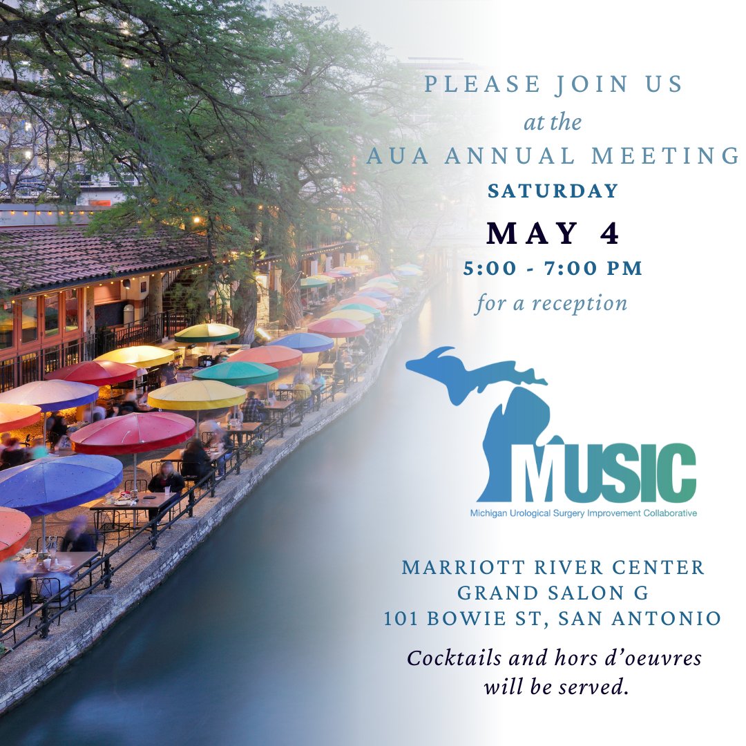 🎶MUSIC is gearing up for <a href="/AmerUrological/">Amer. Urol. Assn.</a> Meeting in May!

If you are planning to attend this year we hope that you will join us for the MUSIC reception on Sat, May 4th, from 5-7pm! 📅

We look forward to seeing you in San Antonio!