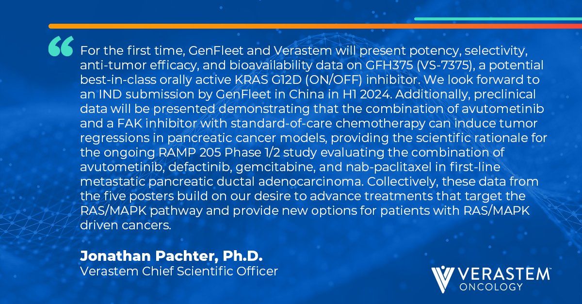 VerastemOncolog's tweet photo. This year at #AACR24 we will be sharing 5 preclinical data presentations, including for the first time with our partner GenFleet Therapeutics, anti-tumor efficacy data from GFH374/VS-7375, a KRAS G12D (ON/OFF) inhibitor. #RASmutations

Learn more: https://t.co/moMYnuAkTr https://t.co/akTXImy9W3