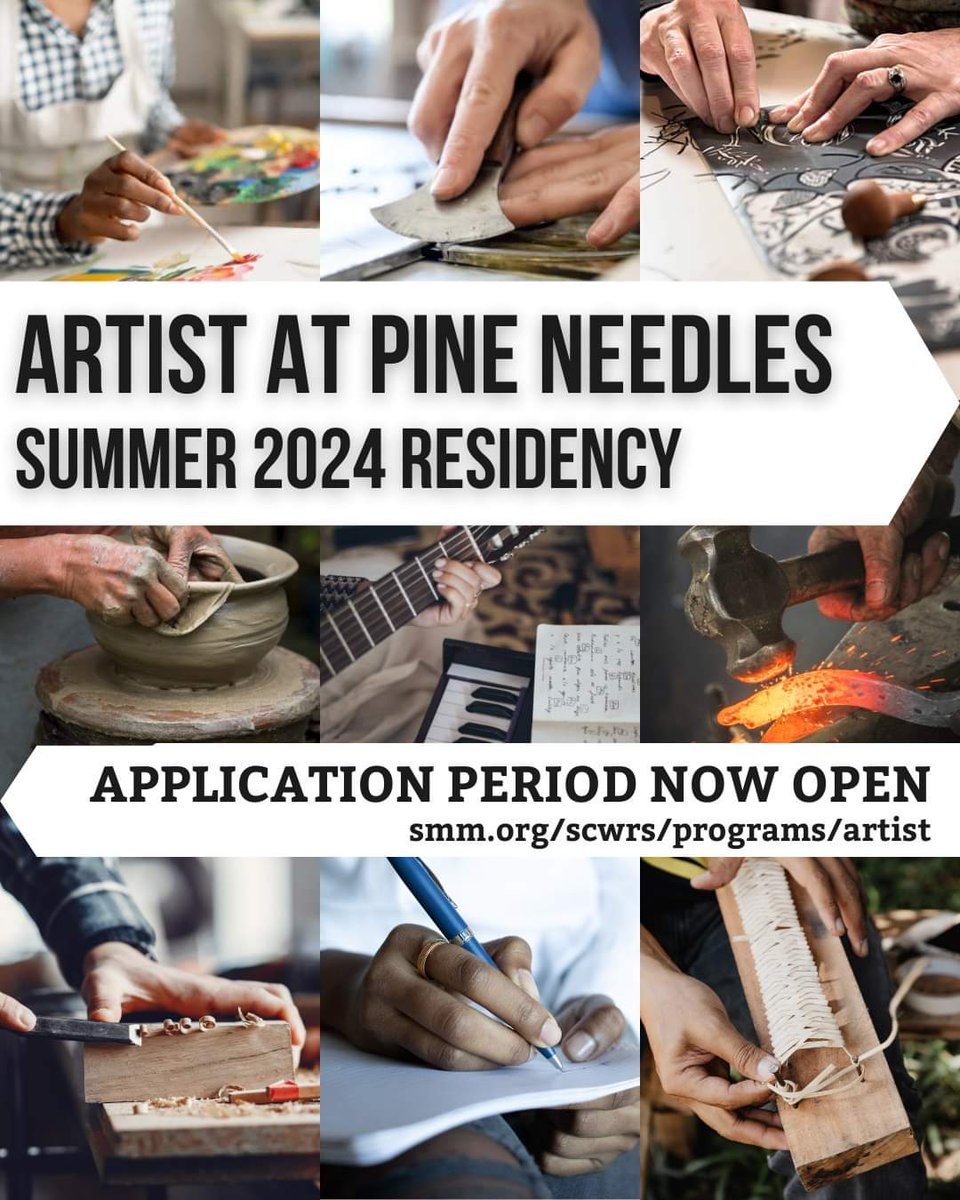 Looking for a unique artist residency experience this summer? Know an artist excited for residency season?
Now accepting applications through 03/13/2024 for the Pine Needles Artist in Residency Program!

Application at: smm.org/scwrs/programs…

#artistresidency #artistinresidence