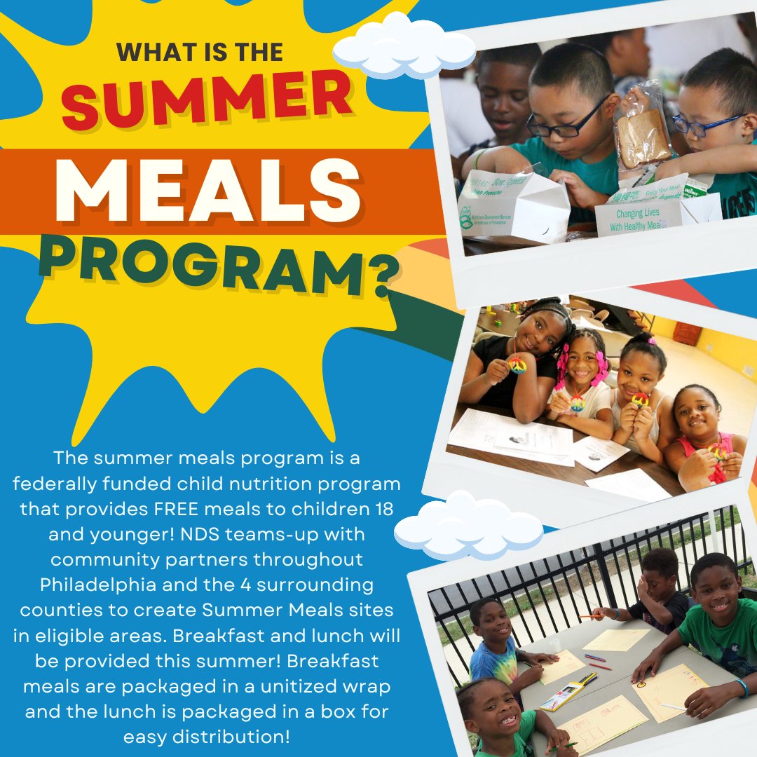 This summer NDS will be providing breakfast and lunch from June 17th- August 23rd!  If you are interested in becoming a Summer Meals site or would like to learn more about the program, please call NDS at 215-895-3470, option 1. #summer2024 #summertime #summermeals #summermeals☀️