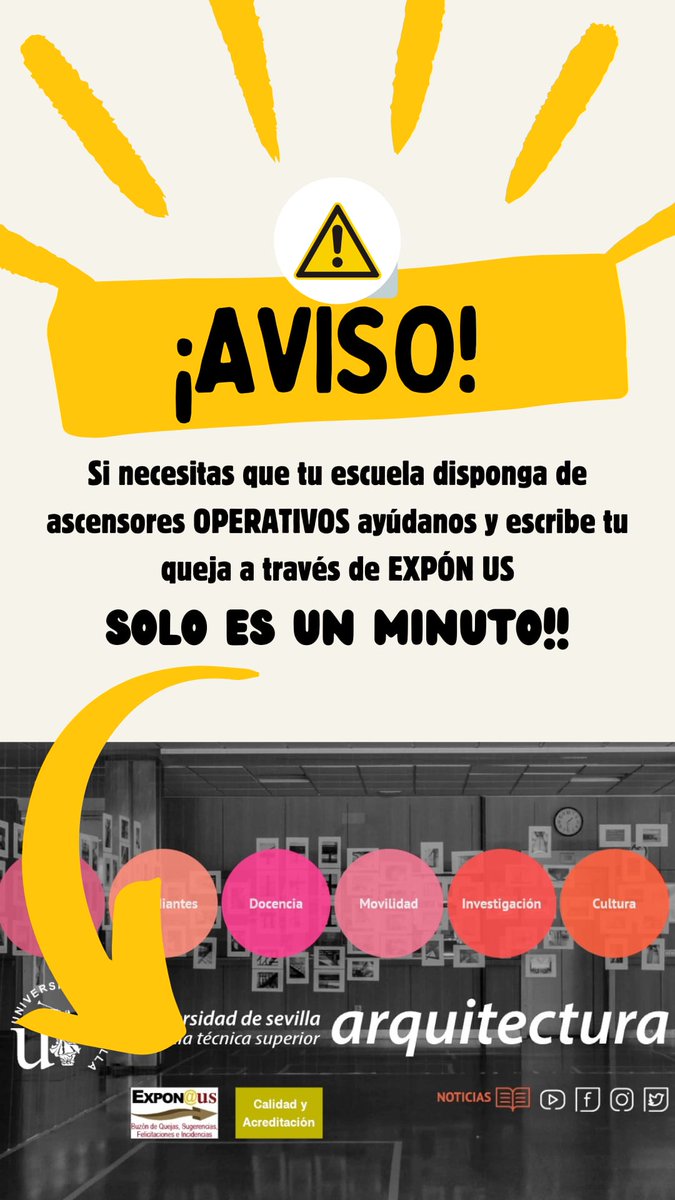 Chicos porfa haced RT para que llegue a cuántos más alumnos mejor! Nuestro profesorado ya se ha quejado de que no funcionan los ascensores de la escuela pero desde la US han dicho que como va a haber problemas si no nos quejamos por el "buzón de la US" así que quejaos y difundid!