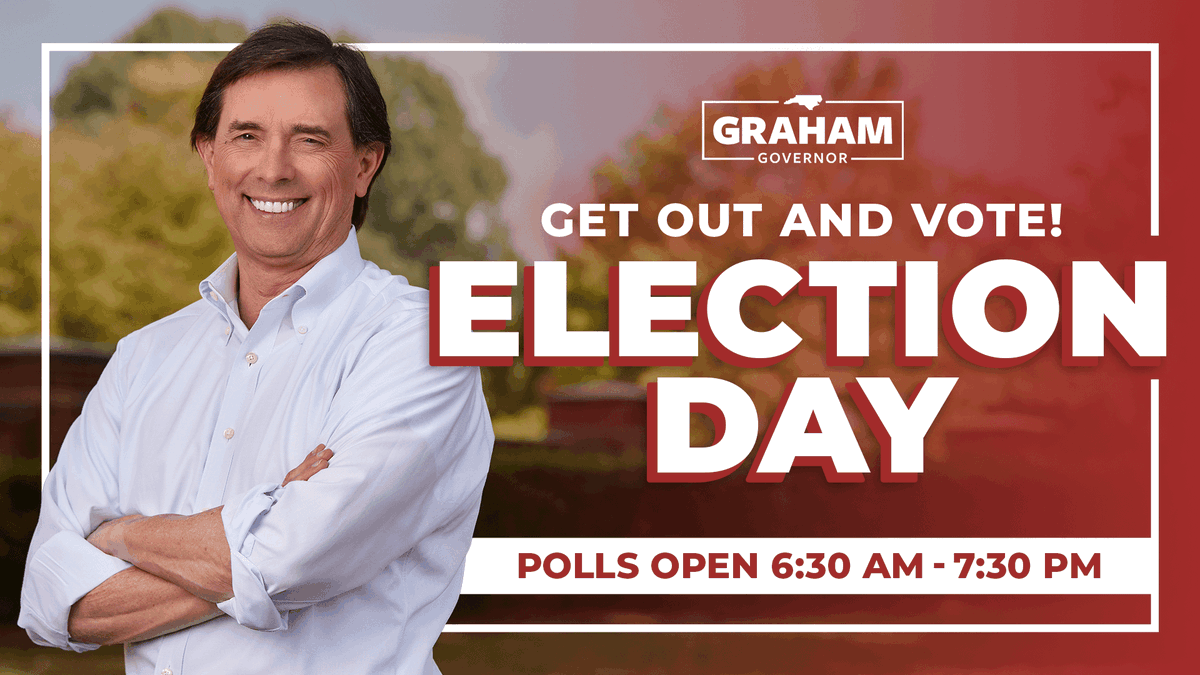BillGrahamForNC's tweet photo. It’s Election Day! I know we all have been working tirelessly towards this day, and we are so close to the finish line. If you haven’t cast your vote yet, make a plan to do so! 

The polls are open until 7:30 p.m. this evening. Let’s finish strong! https://t.co/V9O8hK5PVc