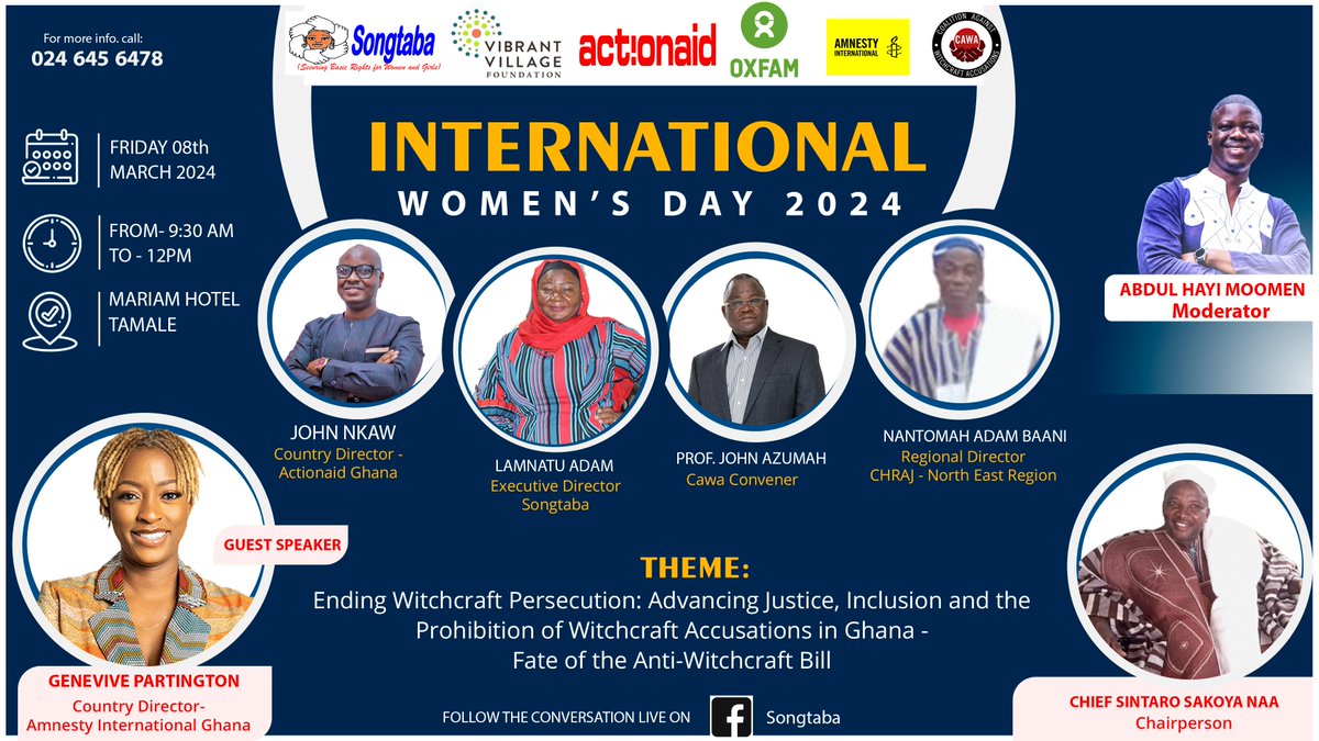 In commemorating this year's IWD, @Songtaba extends a warm invitation to you for an all-important forum titled 'Ending Witchcraft Persecution: Advancing Justice, Inclusion, and the Prohibition of Witchcraft Accusations in Ghana. Your participation in this event is highly valued.