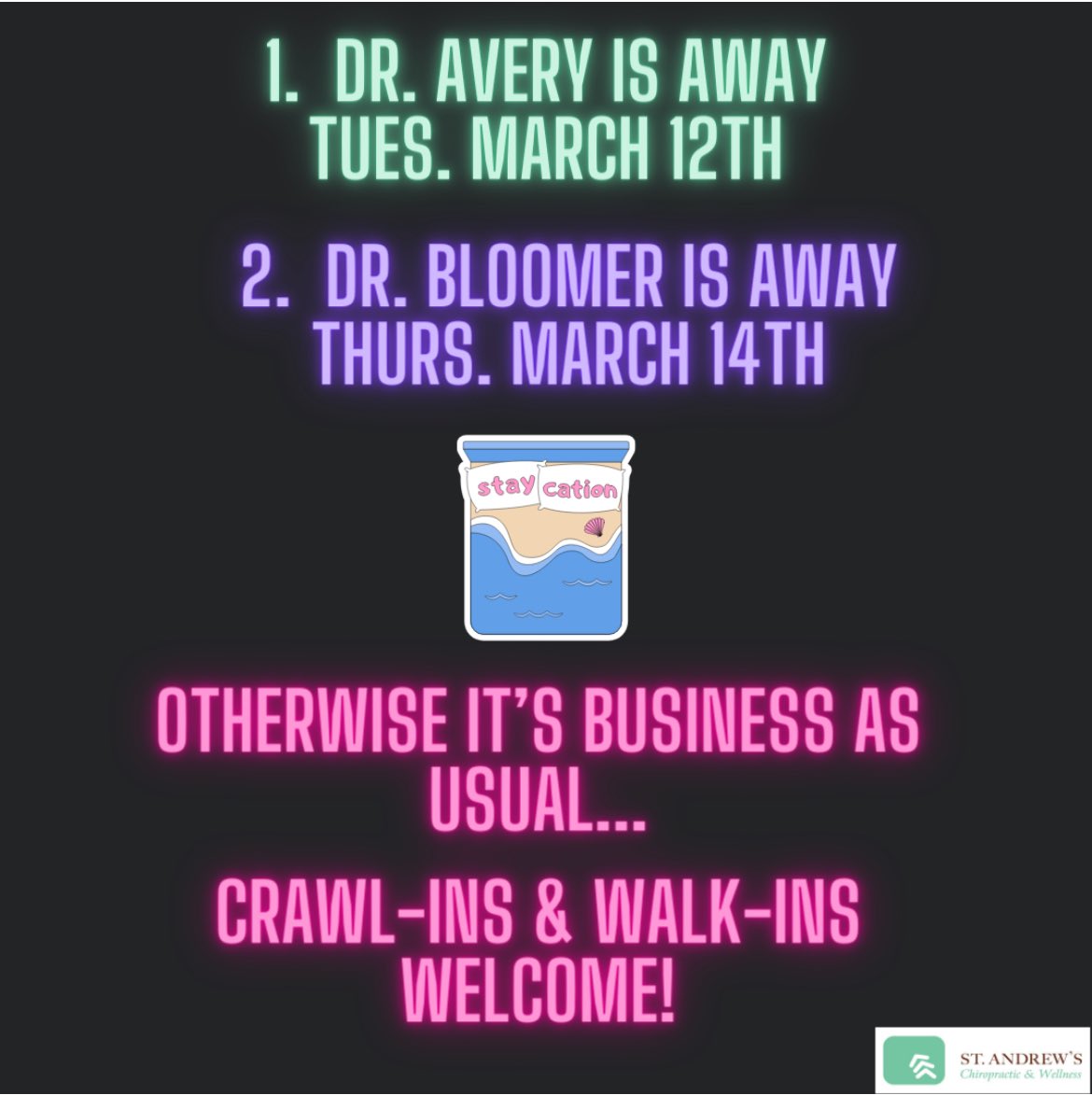 We’re open all of March Break for your convenience 😃 If you answered “Choice B” we’re jealous… please take pics or send us a postcard 😎❤️#chiropractor #massagetherapy #naturopath #orthotics #acupuncture #shockwavetherapy #sportsinjuries #cosmeticacupuncture #auroraontario