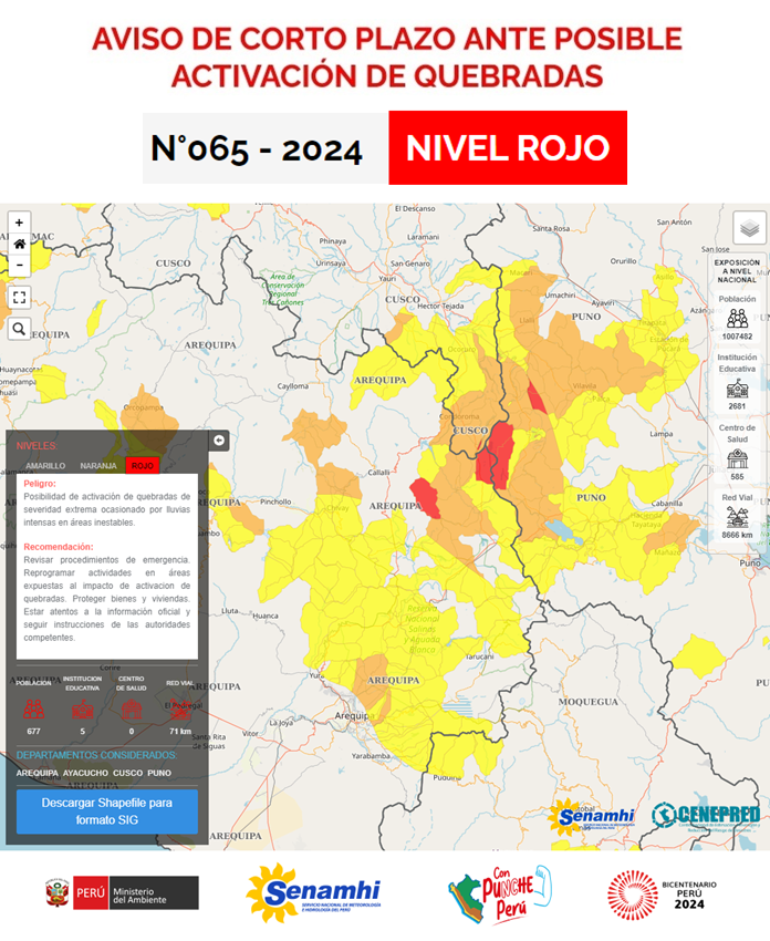 De acuerdo con el Senamhi , las zonas de Arequipa, Ayacucho, Cusco y Puno se encuentran en umbral rojo de peligro ante posible activación de quebradas por las precipitaciones.