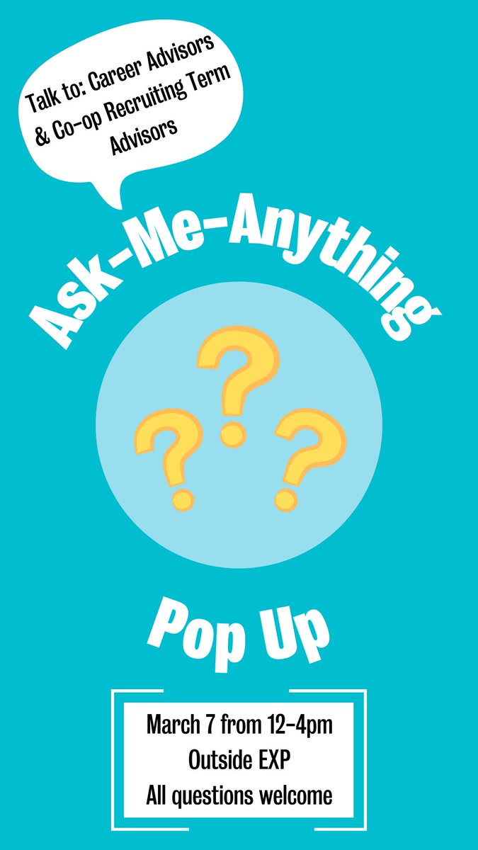 UWaterloo Kinesiology and Health Sciences (@uwaterlookhs) on Twitter photo The <a href="/uwaterloohealth/">UWaterloo Health</a> is running a Ask-Me-Anything Pop Up for students to ask Career Advisors and Co-op Recruiting Term Advisors any questions they may have regarding searching for co-op jobs or ANYTHING to do with co-op. This will take place on March 7 from 12-4pm outside of EXP! The <a href="/uwaterloohealth/">UWaterloo Health</a> is running a Ask-Me-Anything Pop Up for students to ask Career Advisors and Co-op Recruiting Term Advisors any questions they may have regarding searching for co-op jobs or ANYTHING to do with co-op. This will take place on March 7 from 12-4pm outside of EXP!