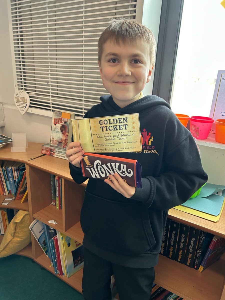 Joseph in 6RT was delighted to find a rare golden ticket today, winning a Wonka Bar! Who knows what surprises await inside a good book! #epsreading