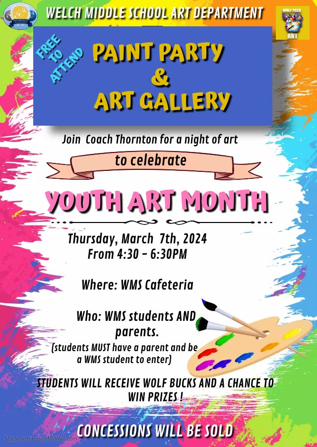 WMSWolfPackArt (@wolfpackartwms) on Twitter photo March is Youth Art Month. We will be celebrating #BigArtDay with a Paint Party and Art Gallery. We welcome our <a href="/Welch_WolfPack/">Welch MS - HISD</a> students, parents, and faculty.
#WMSWolfPack #WolfPack #BlueandGold #WolfPackPride #WolfPackArt #WolfPackArtRocks #YouthArtMonth2024 March is Youth Art Month. We will be celebrating #BigArtDay with a Paint Party and Art Gallery. We welcome our <a href="/Welch_WolfPack/">Welch MS - HISD</a> students, parents, and faculty.
#WMSWolfPack #WolfPack #BlueandGold #WolfPackPride #WolfPackArt #WolfPackArtRocks #YouthArtMonth2024