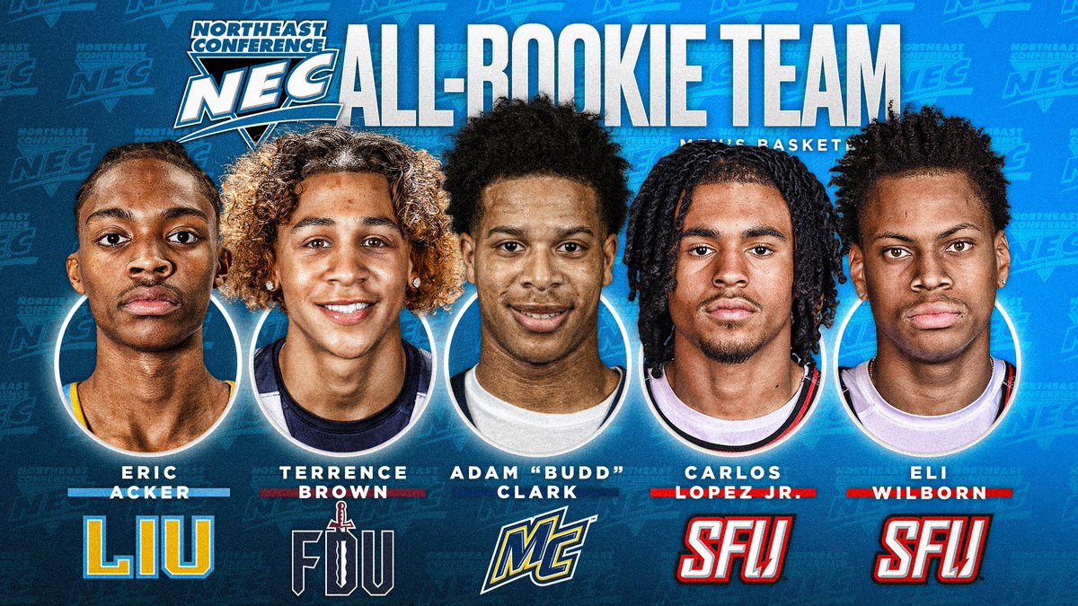 2️⃣0️⃣2️⃣4️⃣ #NECMBB All-Rookie Team 🏅⤵️

▪️ Eric Acker, <a href="/LIUAthletics/">LIU Athletics</a> 

▪️ Terrence Brown, <a href="/FDUKnights/">FDU Knights</a> 

▪️ Adam “Budd” Clark, <a href="/MC_Athletics/">Merrimack Athletics</a> 

▪️ Carlos Lopez, Jr., <a href="/SFUathletics/">Saint Francis Red Flash</a> 

▪️ Eli Wilborn, <a href="/SFUathletics/">Saint Francis Red Flash</a> 

#NECelite📜