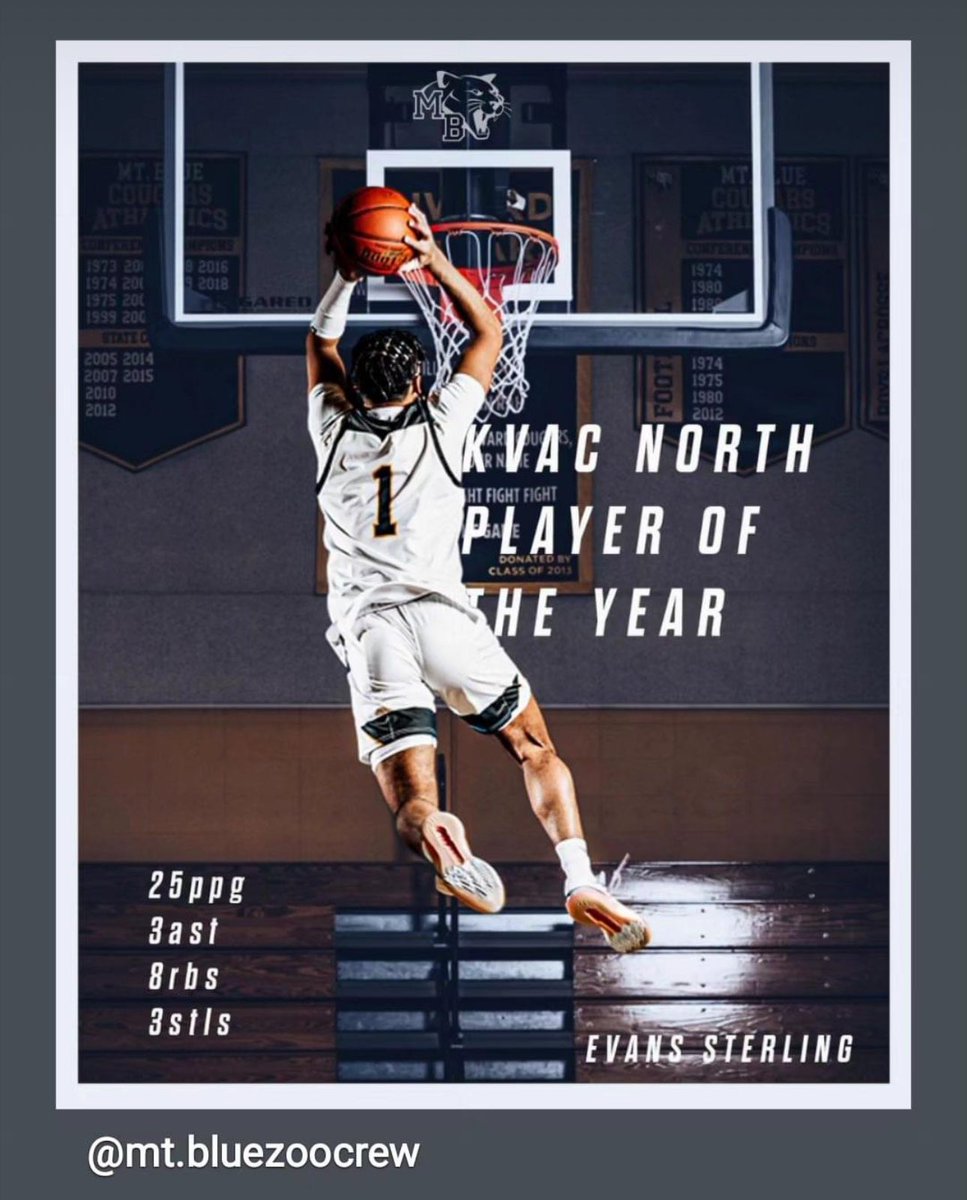 Congratulations to Mt Blue’s Evans Sterling, KVAC North player of the year! 🐻 Basketball Never Stops!