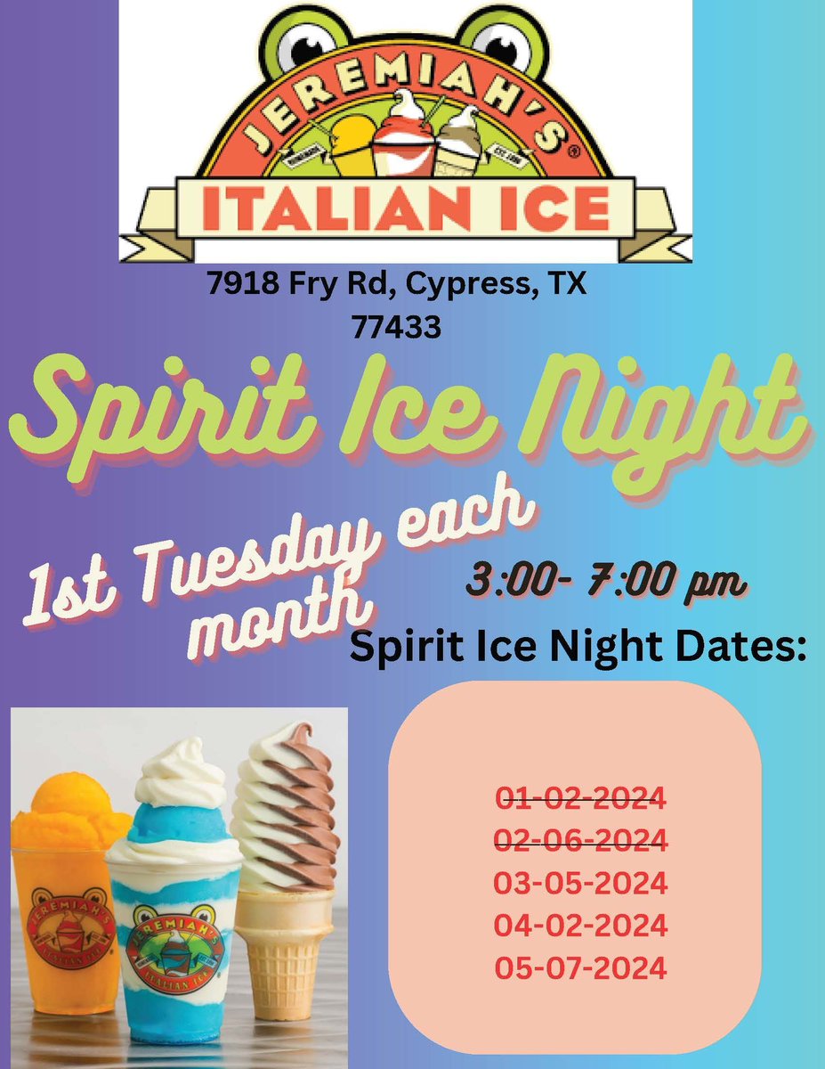 Join us at Hopper Middle School for a sweet treat at Jeremiah Italian Ice ! When you stop by and mention 'Hopper,' a generous 20% of your purchase will go back to our school. Let's support our students while indulging in delicious Italian ice. 📚 @feliciahayes03 @CyFairISD