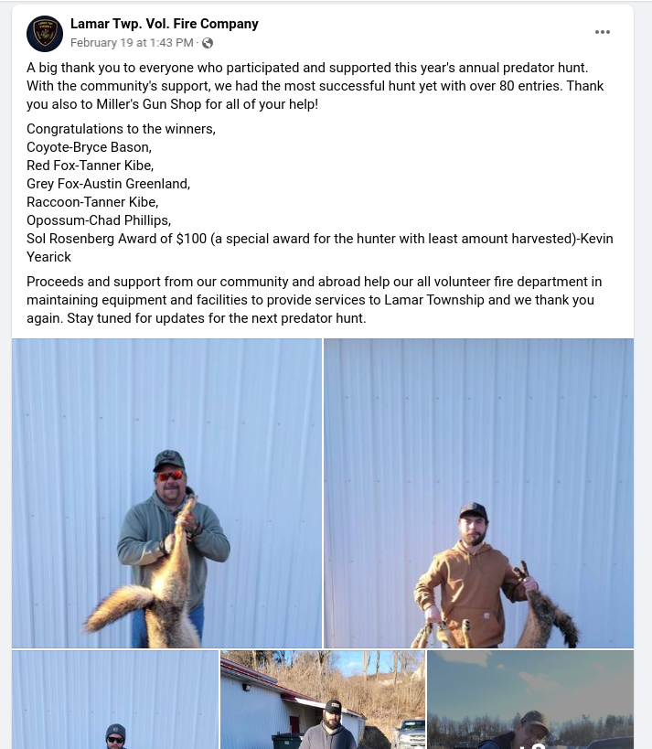 NHCART's tweet photo. In Lamar Township Pennsylvania, the volunteer fire department held a predator hunt to raise money. Despite heavy opposition, they held it and thrill-killed many innocent animals for no valid reason. #EndPredatorPersecution #ProtectWildlife https://t.co/OaMbTeCHyp