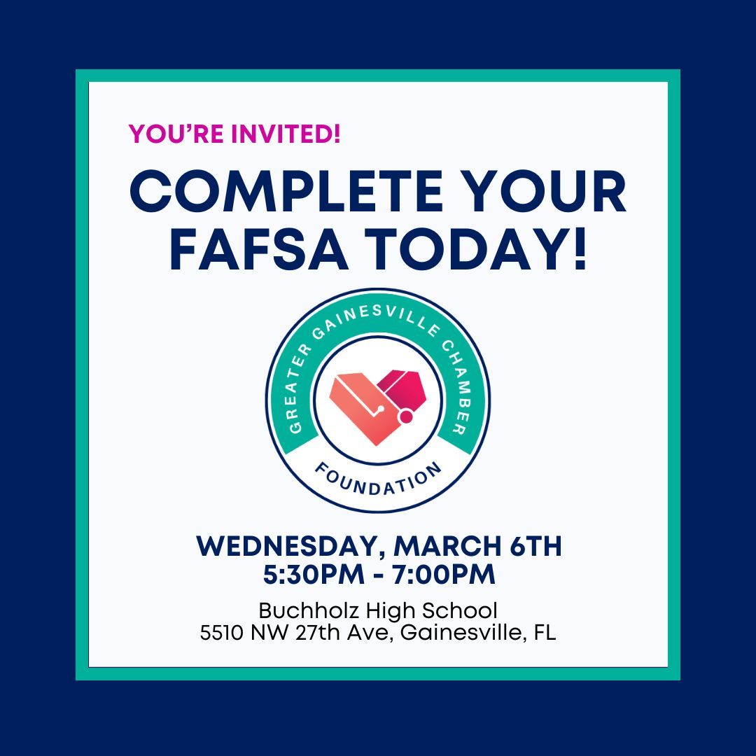 Join us for our next Cash for College event at Buchholz High School: This is free and open to ALL Alachua County students! Join us at Buchholz High School tomorrow from 5:30-7 as we walk through the application process together.
Register here to attend: surveymonkey.com/r/276CYXT