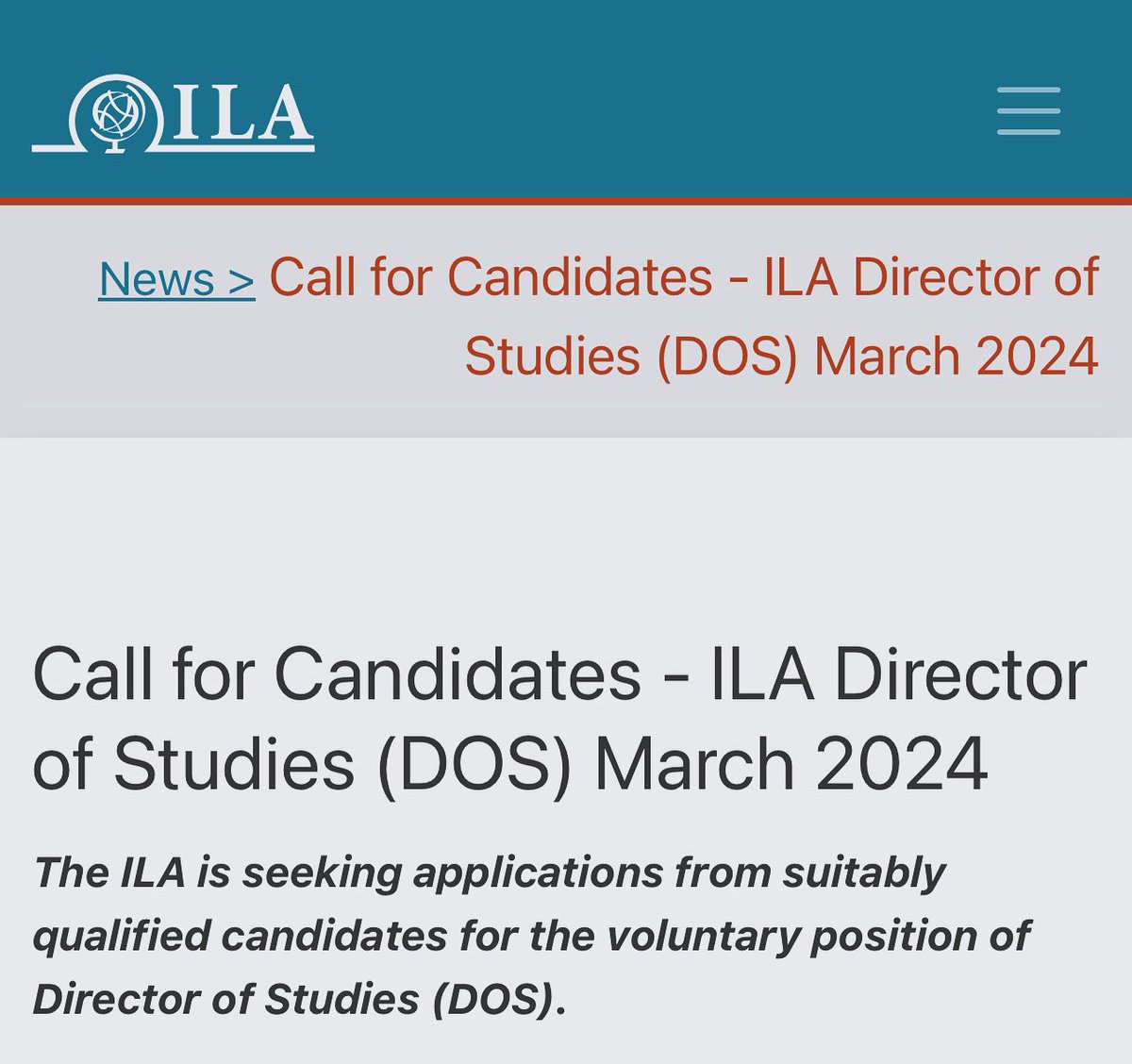 🚨‼️Call for Candidates - ILA Director of Studies (DOS) March 2024 

The ILA is seeking applications for Director of Studies (DOS).

Call for Candidates ✅
lnkd.in/gxCiuZW2
Application ✅
lnkd.in/gRKZ2fzk
For further information, contact ILA HQ ✅
info@ila-hq.org