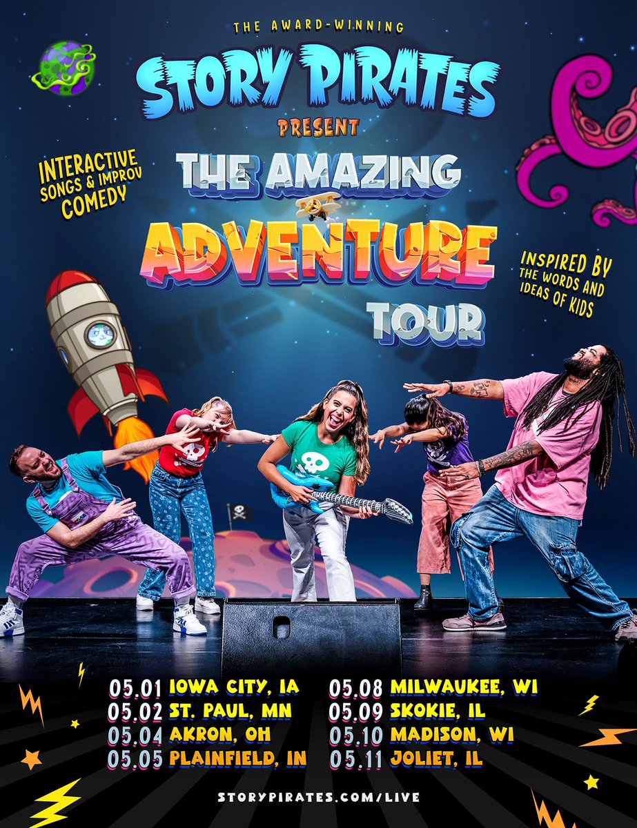 New tour dates! ✨🎤 We've added shows to the Amazing Adventure tour! Creator Club pre-sale starts Wednesday 3/6. Tickets on sale to the public Friday 3/8 at 10am! Join Creator Club for the pre-sale at storypirates.supportingcast.fm Tell us if we're coming to your part of the world!
