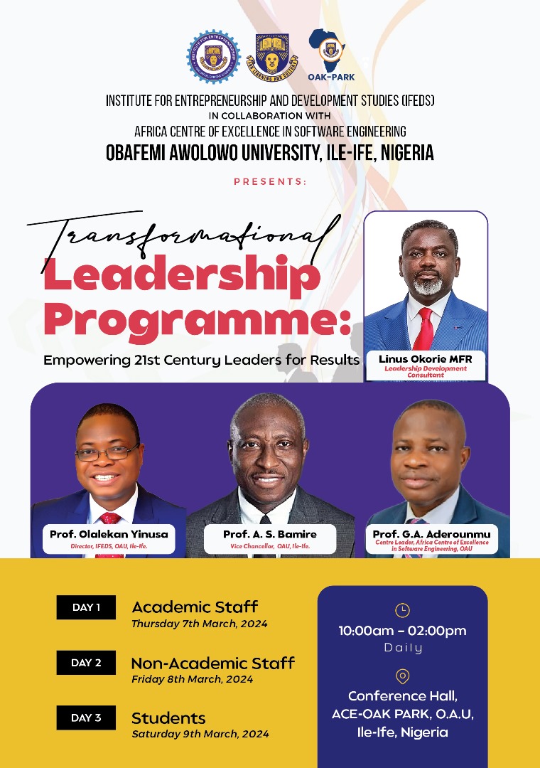 The Transformational Leadership Programme is for all and sundry in the university community: academic, non-academic and students. This is an oppourtunity you should not miss. Check flier for more details.

#oaucor #coroau #leadership #leadershipconference #ifeds #oauifeds