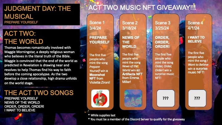 GM, X!

For the next month, WE ARE GIVING AWAY #MusicNFTs! 🎶Ξ

Mint the week's featured song from our Judgment Day collection, and have a chance to win an NFT from a top artist while supplies last!!!

Details below 👇🏼👀