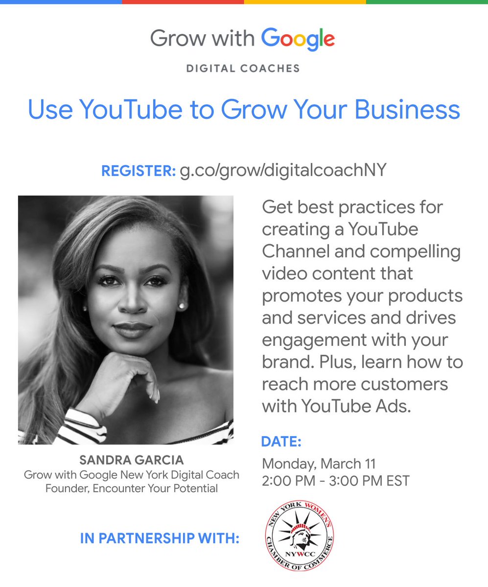 Join our partners at Grow with @Google for this free upcoming webinar! 'Using @YouTube to Grow your Business', next Monday, March 11th at 2pm on ZOOM. RSVP: bit.ly/gwg_growusingYT Presenter: @IamSandy_garcia, Grow with Google New York Digital Coach
