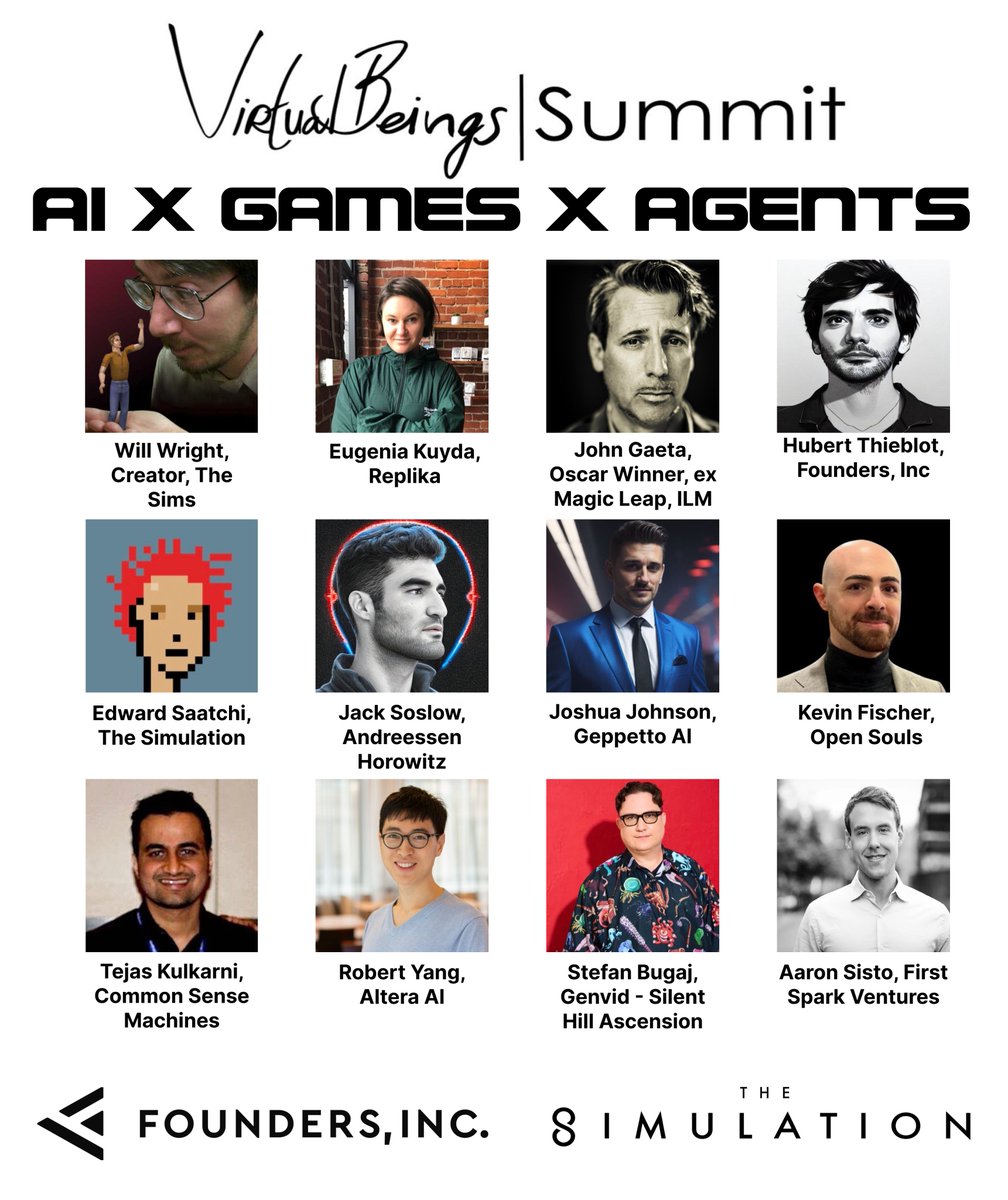 Virtual Beings Summit March 21 in SF has an incredible lineup 

Meet Oscar Winner John Gaeta, leading AI startups  <a href="/CSM_ai/">Common Sense Machines</a> <a href="/fablesimulation/">The Simulation</a> <a href="/OpenSoulsPBC/">Open Souls</a> <a href="/holodeckai/">Pillars Films</a>, <a href="/ekuyda/">Eugenia Kuyda</a> <a href="/MyReplika/">Replika</a>,  Will Wright of <a href="/TheSims/">The Sims</a> <a href="/npceo_/">Harvey Michael Pratt</a>  <a href="/GenvidEnt/">Genvid Entertainment</a> of Silent Hill Ascension, <a href="/JackSoslow/">Jack Soslow</a>