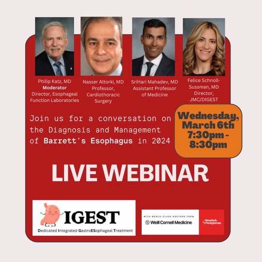 Join me and my amazing DIGEST @WCM_GI colleagues tomorrow as we share a lively conversation on the intricacies and nuances of managing Barrett’s esophagus! @ForegutSociety @WCMDeptofMed Register here: nyph.zoom.us/webinar/regist…