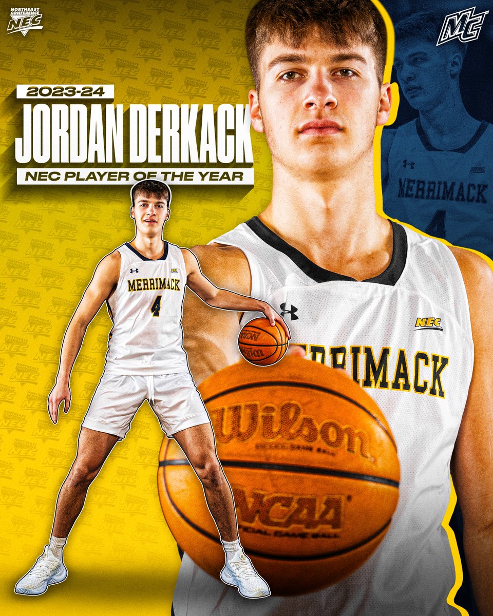 Northeast Conference (@necsports) on Twitter photo 2️⃣0️⃣2️⃣4️⃣ #NECMBB Player of the Year 🏅
➡️ Jordan Derkack, <a href="/MC_Athletics/">Merrimack Athletics</a>
🗒️ Becoming the 2nd 🛡️ in as many years & just the 3rd soph in NEC history to win the #POTY award, Derkack leads the NEC in scoring (17.7 ppg) and ranks in the top-🔟 in 5️⃣ other categories.
#NECelite📜 2️⃣0️⃣2️⃣4️⃣ #NECMBB Player of the Year 🏅
➡️ Jordan Derkack, <a href="/MC_Athletics/">Merrimack Athletics</a>
🗒️ Becoming the 2nd 🛡️ in as many years & just the 3rd soph in NEC history to win the #POTY award, Derkack leads the NEC in scoring (17.7 ppg) and ranks in the top-🔟 in 5️⃣ other categories.
#NECelite📜