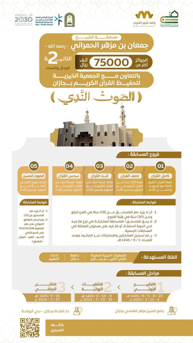 #مسابقة أوقاف الشيخ جمعان بن مزهر الحمراني رحمه الله <a href="/wagfmazhar/">وقف مزهر الخيري</a> في #الصوت_الندي2 لحفظ القرآن الكريم بالتعاون مع الجمعية الخيرية لتحفيظ القران الكريم بجازان <a href="/Q_jazan/">جمعية تحفيظ القرآن الكريم بجازان</a>  
#يحدث_الآن 
#رمضان 
#جازان 
#القران_الكريم 
للتسجيل :امسح الباركود.