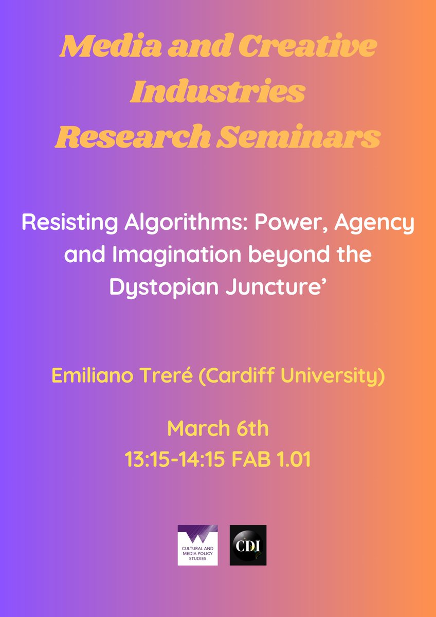 The AlgoRes tour is in full swing! See you tomorrow @CCMPSWarwickUni presenting our book with @tbonini Algorithms of Resistance out with @mitpress tinyurl.com/AlgoResOA - thanks @carolina_b_ for organising! @CardiffJomec