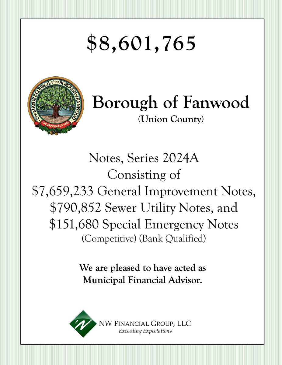 Adding Another to Our Portfolio - Closed!

NW Financial served as Financial Advisor to the Borough of Fanwood on the following Note transaction which closed on February 29, 2024.

conta.cc/436C2YX

#nwfinancial #municipaladvisor #fanwoodnj   #unioncounty #newjersey