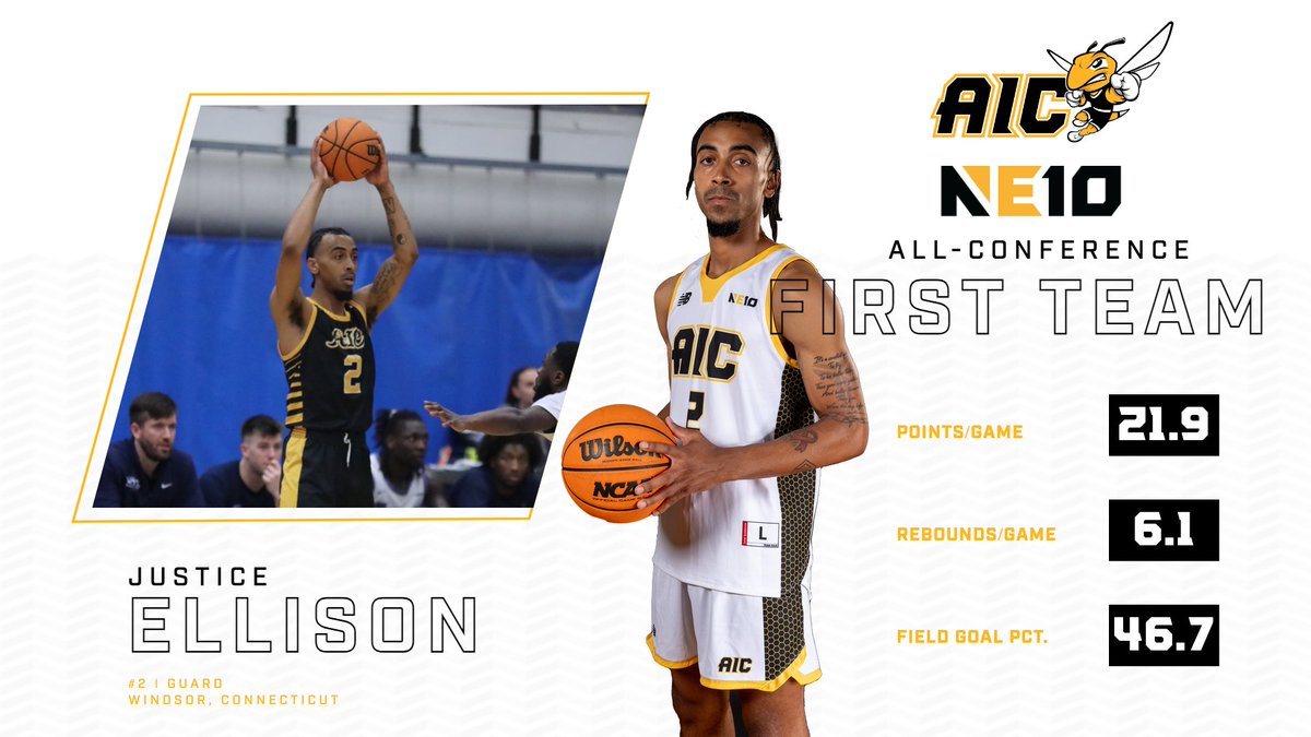 The leading scorer in <a href="/TheNortheast10/">The NE10</a> earns a First-Team All-Conference spot as Justice Ellison gets a well-deserved accolade for <a href="/AIC_MBB/">AIC Men's Basketball</a>!

#AICommitted #NE10Embrace