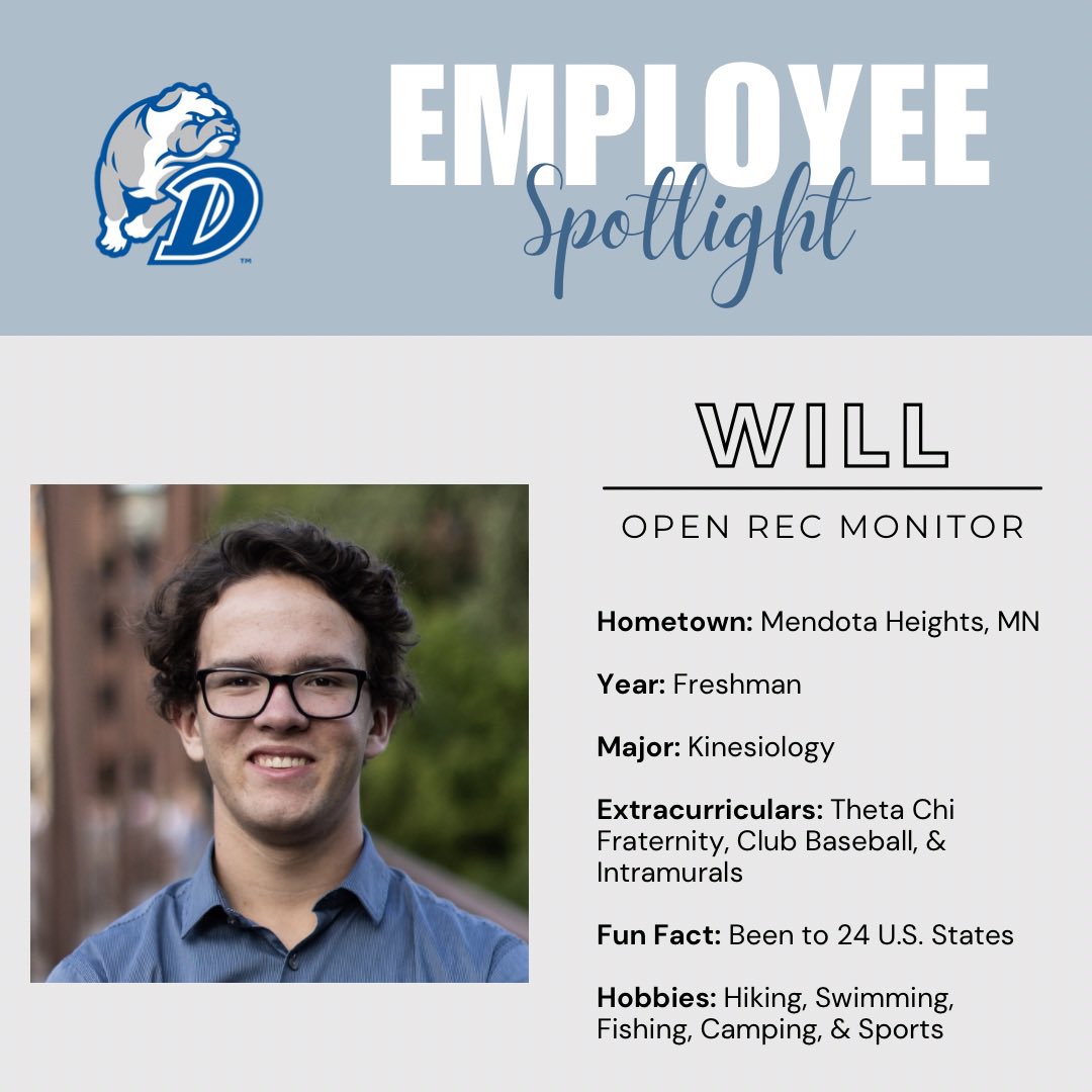 DrakeRec's tweet image. Will began working for us in the Fall 2023 and has already made an impact! He’s received several shout outs from his co-workers detailing his work ethic, time management, and willingness to cover a shift last minute. Thank you, Will, for your hard work &amp;amp; positive attitude!