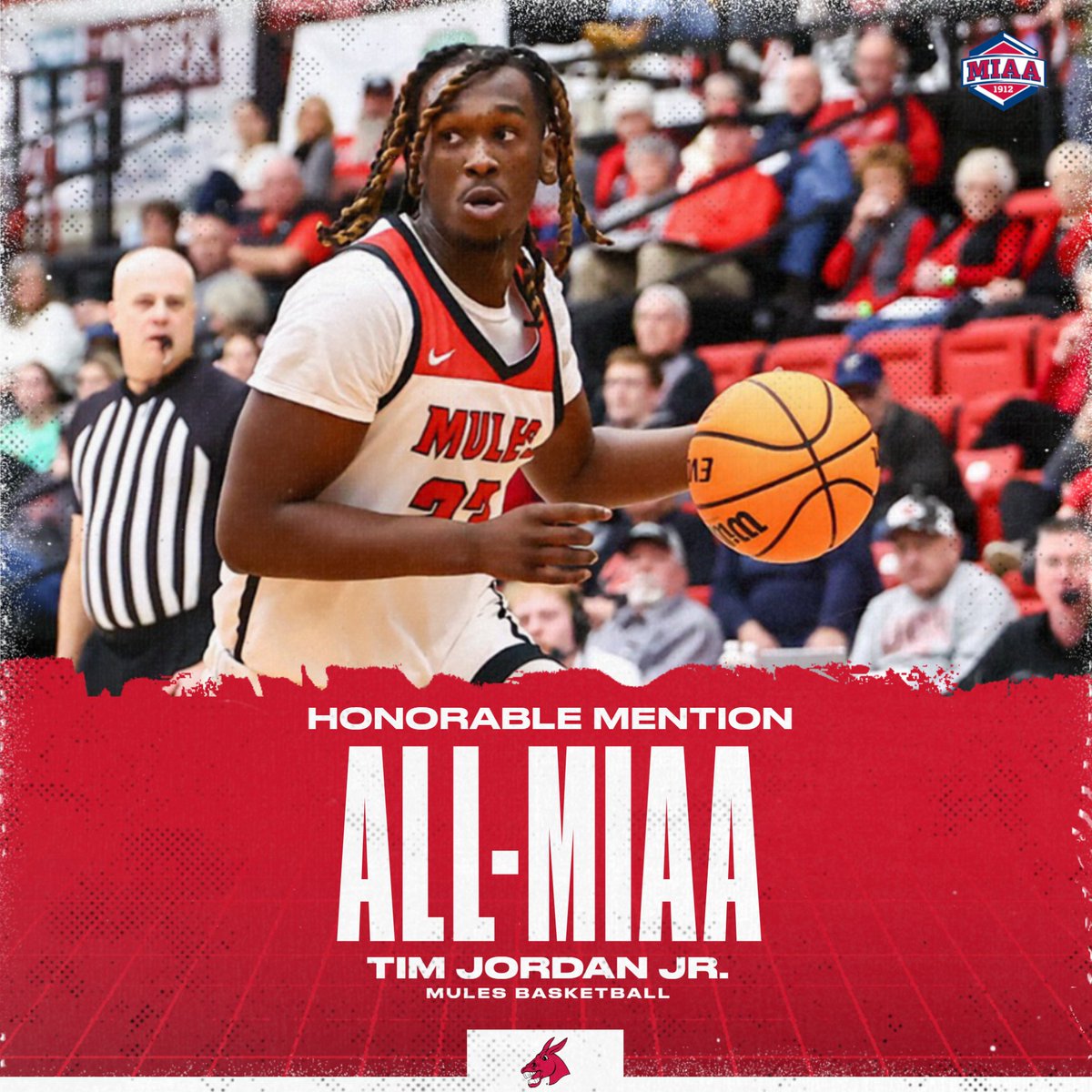 Congratulations to forward Tim Jordan Jr. on being selected to @TheMIAA Honorable Mention Team! Jordan Jr. averaged 11.5 points and 4.3 rebounds per game! #teamUCM x #MuleBall