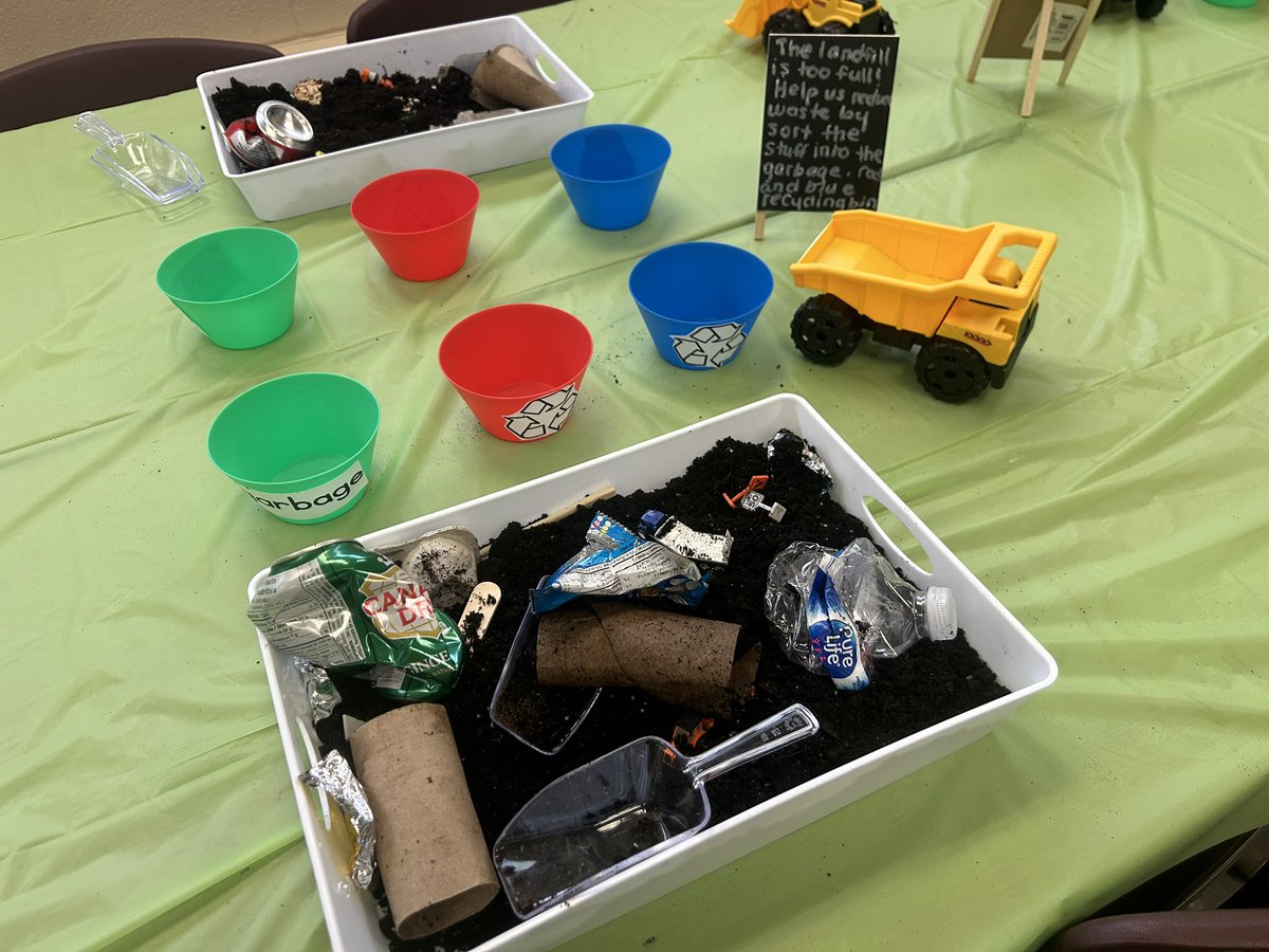 MsSanko123's tweet photo. Landfill sensory bin fun! 🚜♻️
Students looked through soil to find objects to sort into garbage, paper or plastic containers! This is a great activity to use to promote recycling and keeping our planet clean🌎 https://t.co/bV2RPZohRC