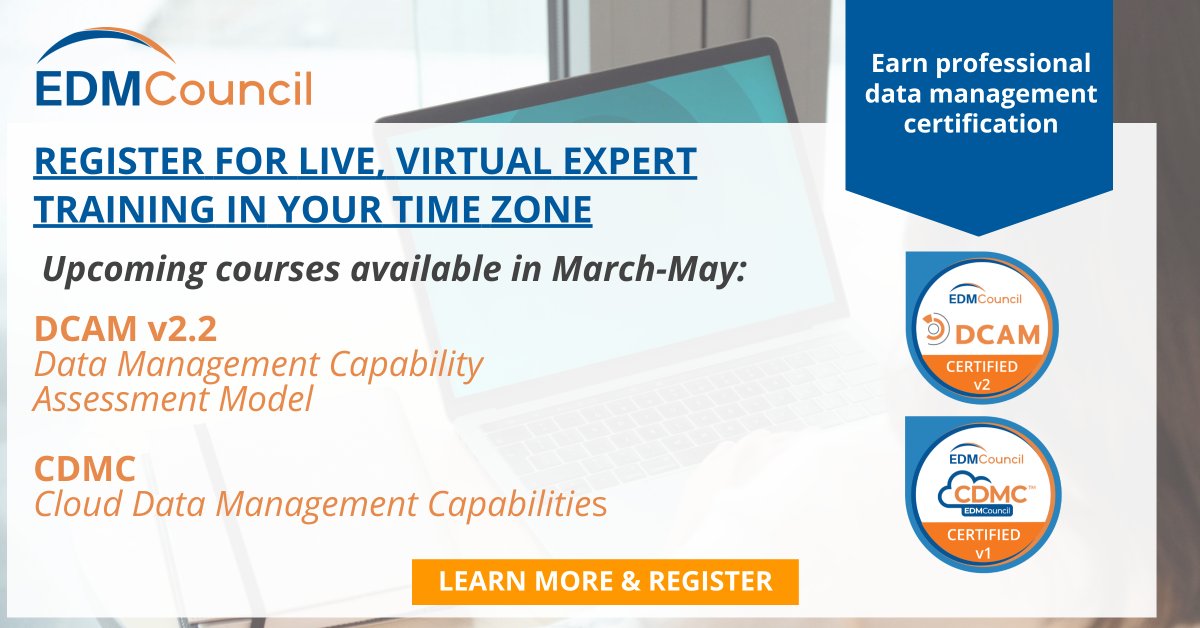 Elevate your expertise and credentials in #DataManagement, Advanced Analytics, #AI, Automations, #Cloud and more! Don't miss out on our upcoming LIVE, virtual #DCAM and #CDMC training courses! Learn more and register now: edmcouncil.org/training/