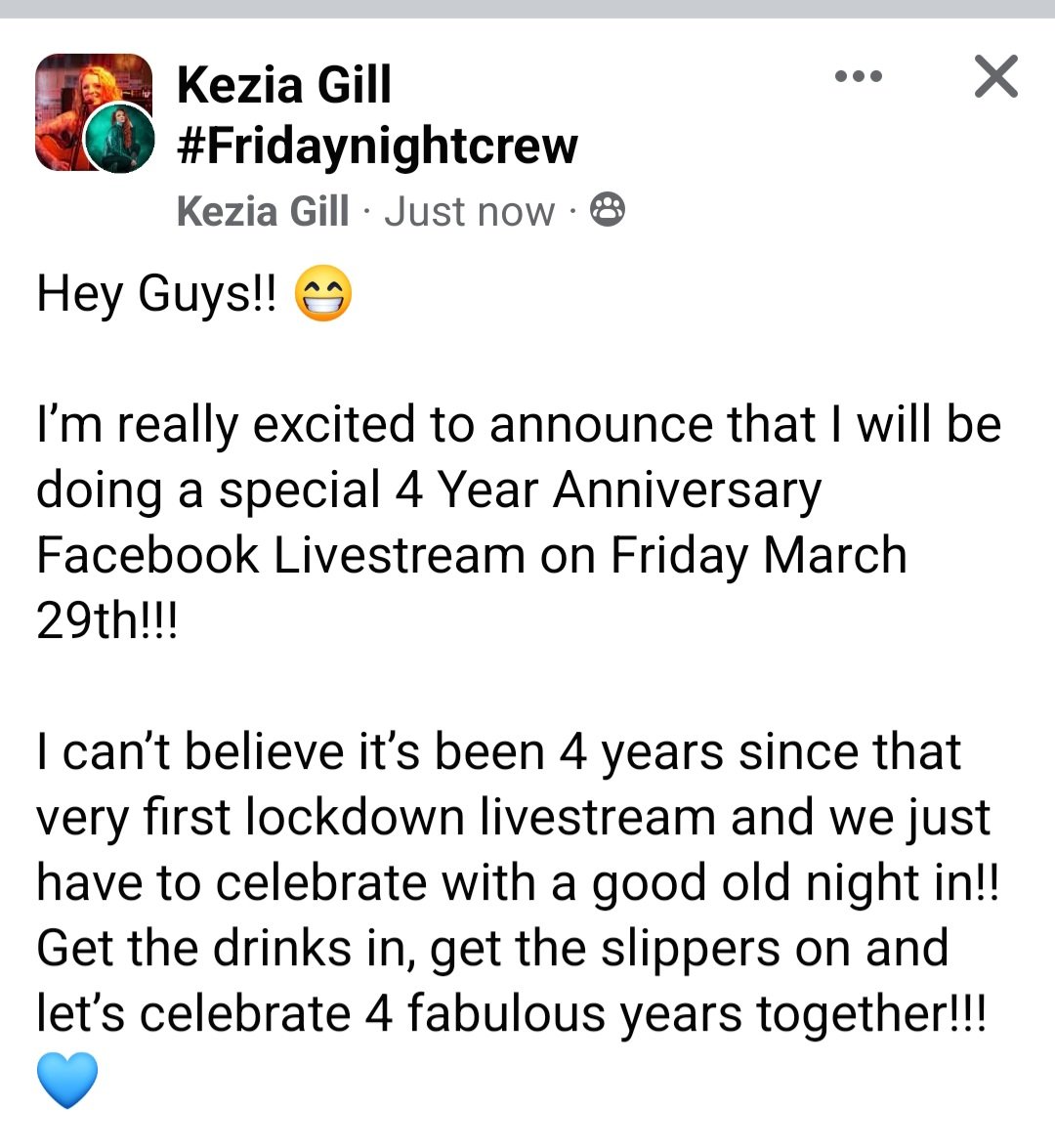 Hey FNC here's a date for your diary. 4 year anniversary livestream with <a href="/Keziagillmusic/">Kezia Gill</a> 
See you all on the 29th 🤠♥️