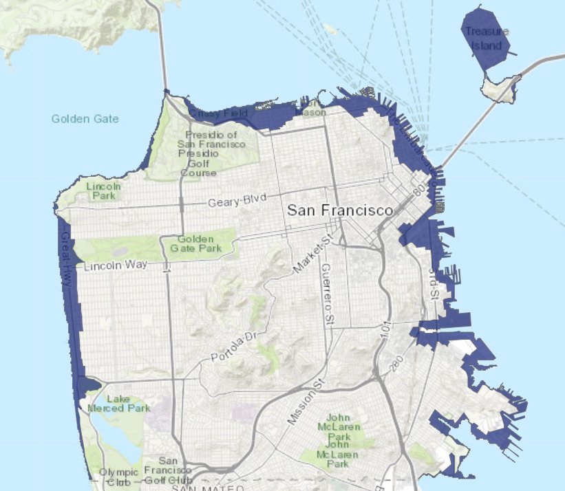 Map of San Francisco coast tsunami risk zones