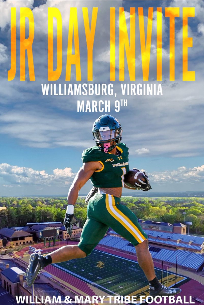 I am excited to attend the @WMTribeFootball Junior day this weekend. I can’t wait to build relationships! 
#gotribe 
@CoachMLondonjr @CoachMikeLondon @CoachTedHefter 
@CoachAcitelli 

@DCoachBupRob @CoachLewis_shec @HendersonQBU @NolanMHenderson @NexLevelQBs @QBHitList…