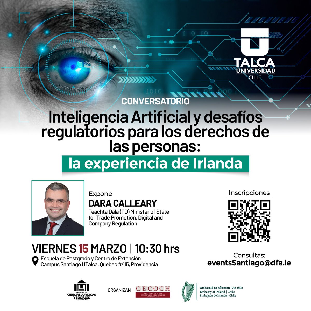 📌 El 15 de marzo a las 10:30 hrs. ven al  conversatorio: La Inteligencia artificial y desafíos regulatorios para los derechos de las personas: la experiencia de Irlanda, donde expondrá  Dara Calleary, Ministro de Irlanda. 

📝 Inscríbete en: forms.office.com/r/fbPsB6Cgxw?o…