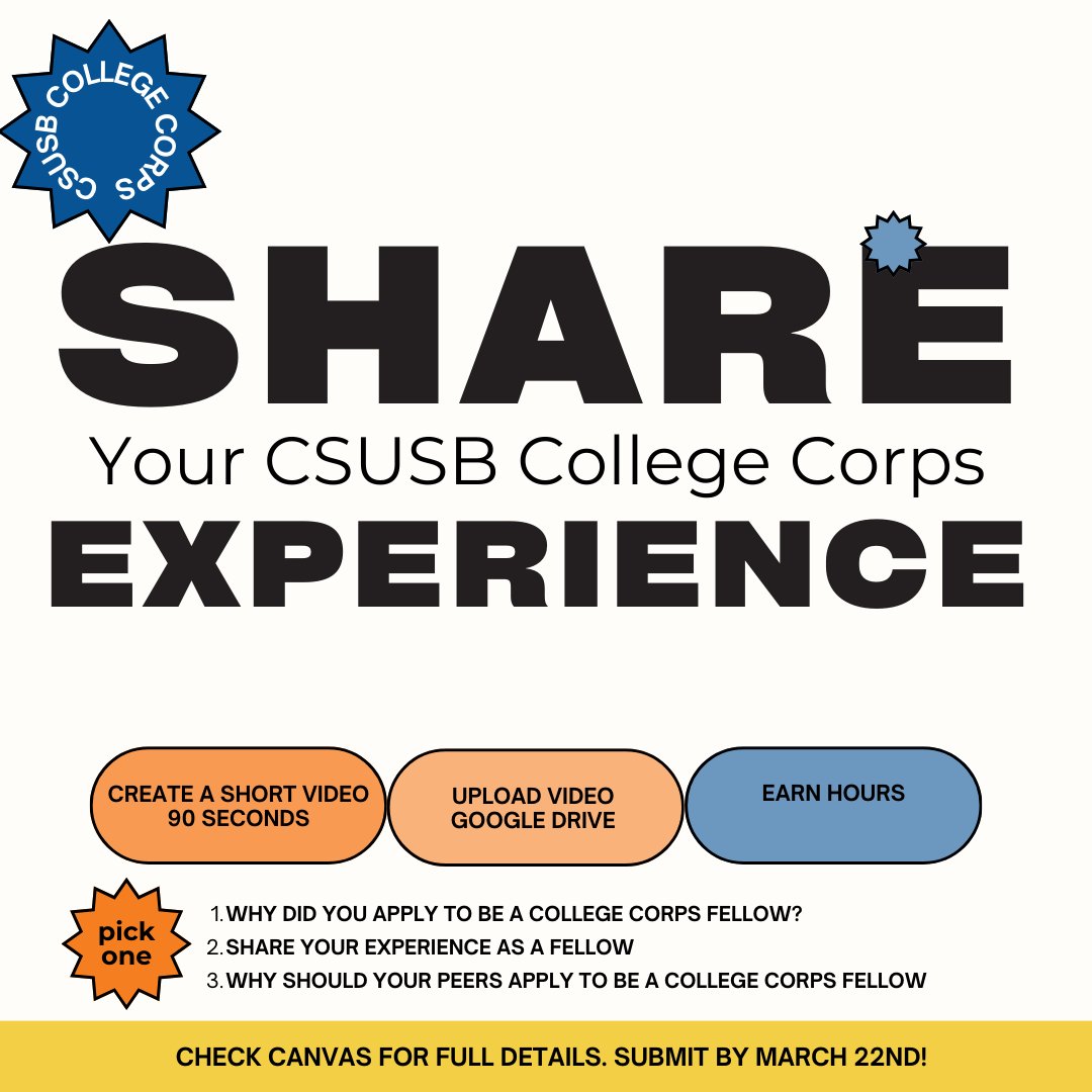 Assist us in spreading the joy of your College Corps journey! We're well aware of the program's excellence, and we're eager for others to learn from your story, your unique experiences, and the positive influence you've had on the community. Canvas for full details.