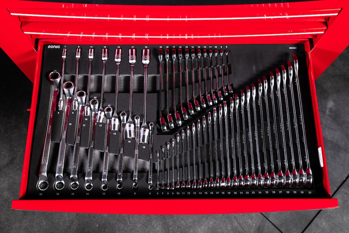 Crafted from durable Chrome Vanadium steel, these wrenches are built to last a lifetime, resisting weather and chemicals. Level up your tool game with our Sonic 53-piece wrench set! ow.ly/5GzW50QLU6v #SonicTools #Tools #Storage #Organization #HandTools #Foam #ToolStorage