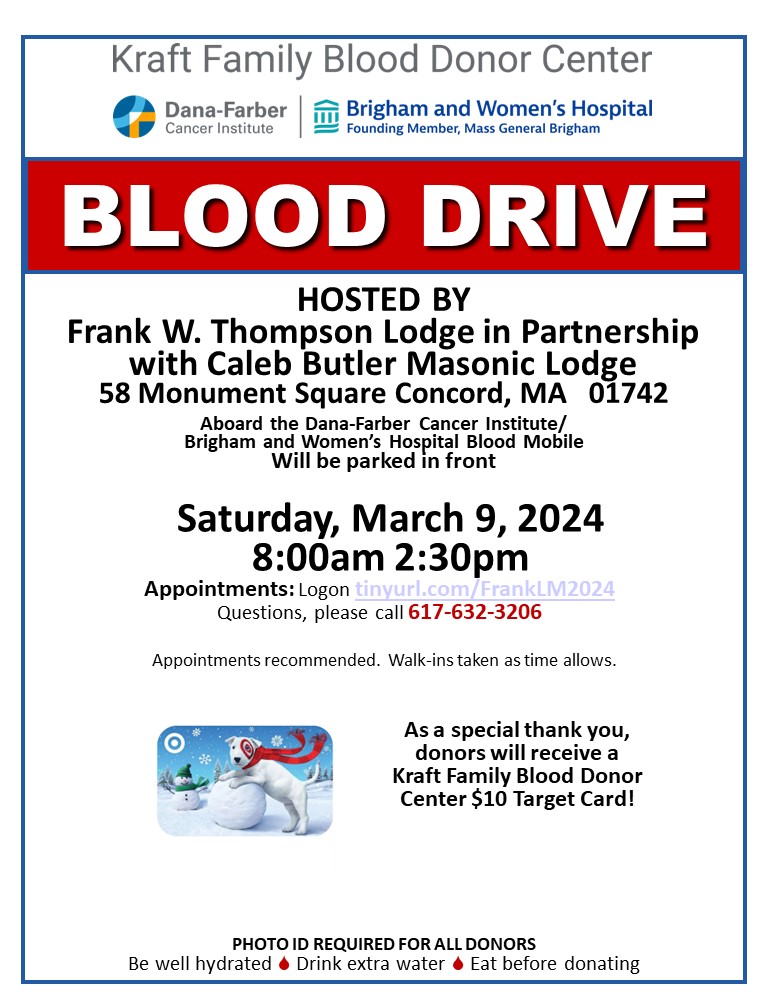 📷
Kraft Family Blood Donor Center
<a href="/KraftBloodDonor/">Kraft Family Blood Donor Center</a>
·

📷The Kraft Center #BloodMobile will be traveling to Concord, Saturday, March 9, 2024  Stop by this fantastic blood drive and #BeAHero for our patients at  Dana-Farber and Brigham Women's #donateKraft Family Blood Donor