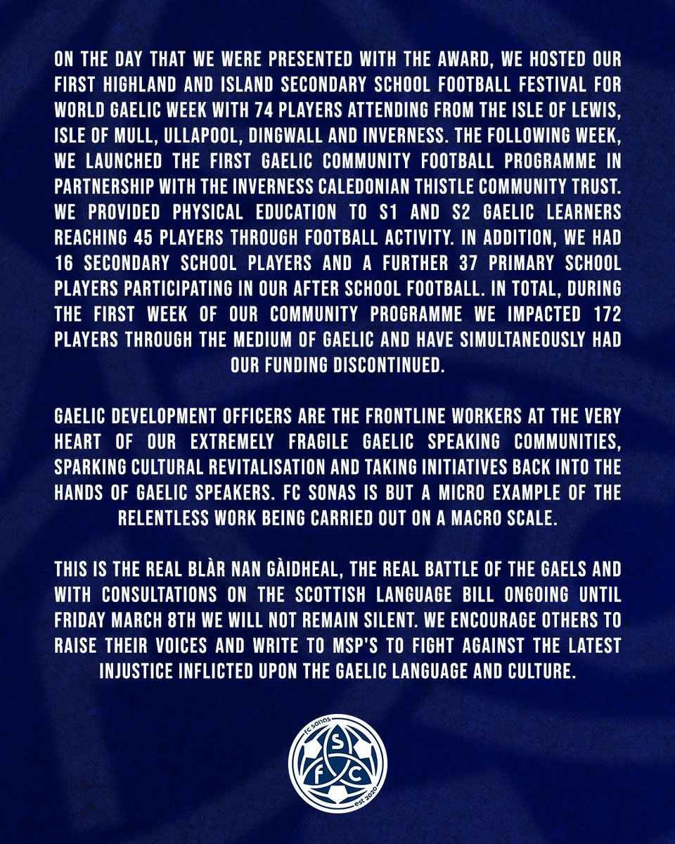 FC Sonas Statement: Gaelic Development Officer Scheme.