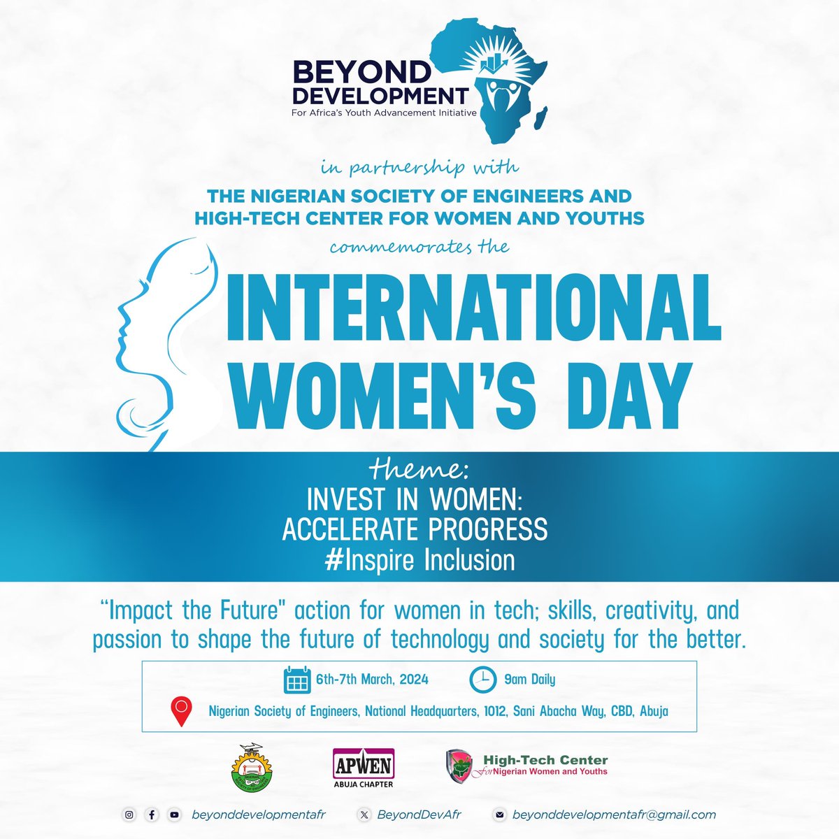 BeyondDevAfr's tweet photo. Join us as we celebrate International Women's Day.

This year's theme is "Invest in Women: Accelerate Progress."
 The event will be held on March 6th-7th, 2024 at the Nigerian Society of Engineers, National Headquarters in Abuja, Nigeria

#IWD #InspireInclusion #BeyondDevAfr https://t.co/1CLzuhD1um
