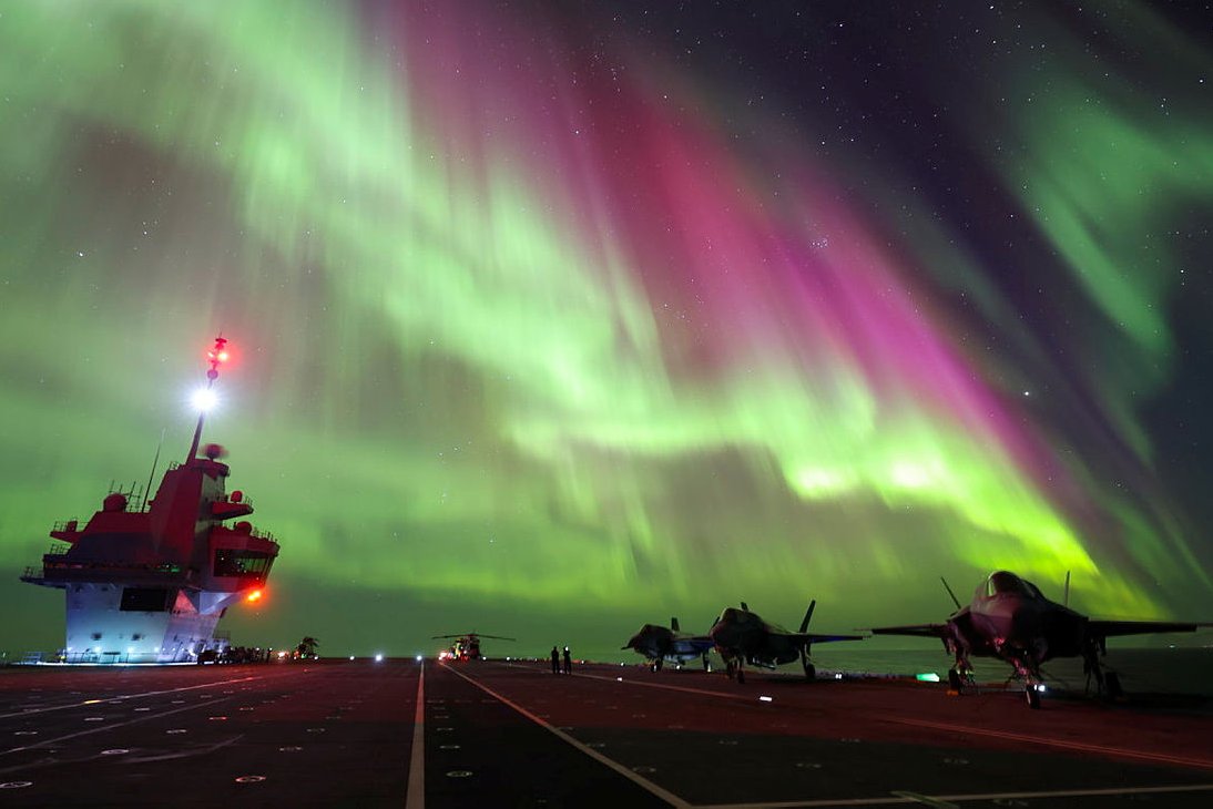 Guardians of the night sky: Allied jets are pictured under the ethereal glow of the Northern Lights onboard Britain's mighty @HMSPWLS for Steadfast Defender - the largest @NATO led exercise in decades. Props to LPhot Belinda Alker for this stunning pic. #steadfastdefender2024